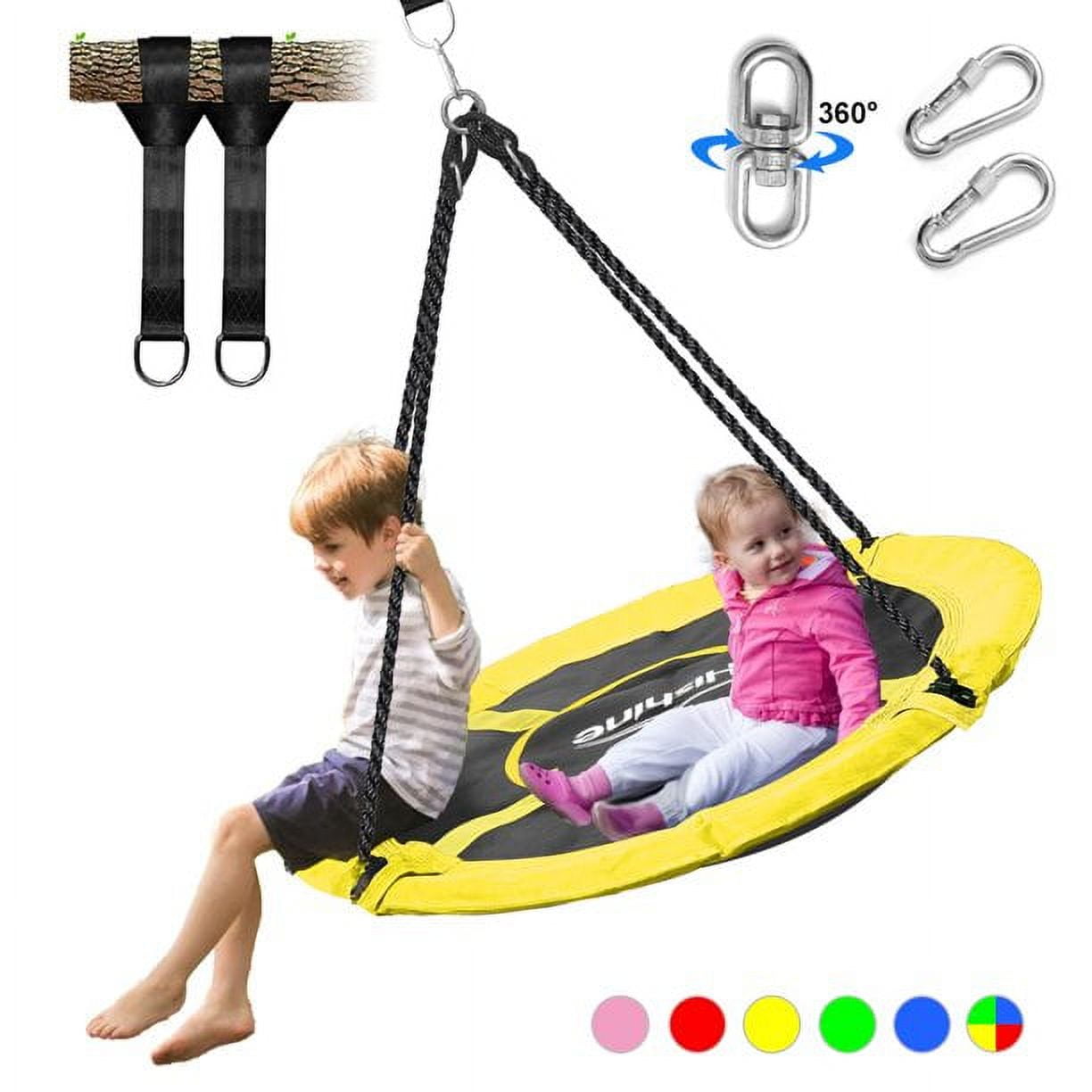Hishine 43" 700LBS Saucer Tree Swing for Kids, Waterproof Flying Saucer Swing with A Swivel, Hanging Straps, Adjustable Ropes, Round Mat Spinner Swing for indoor/playground swing set, Yellow
