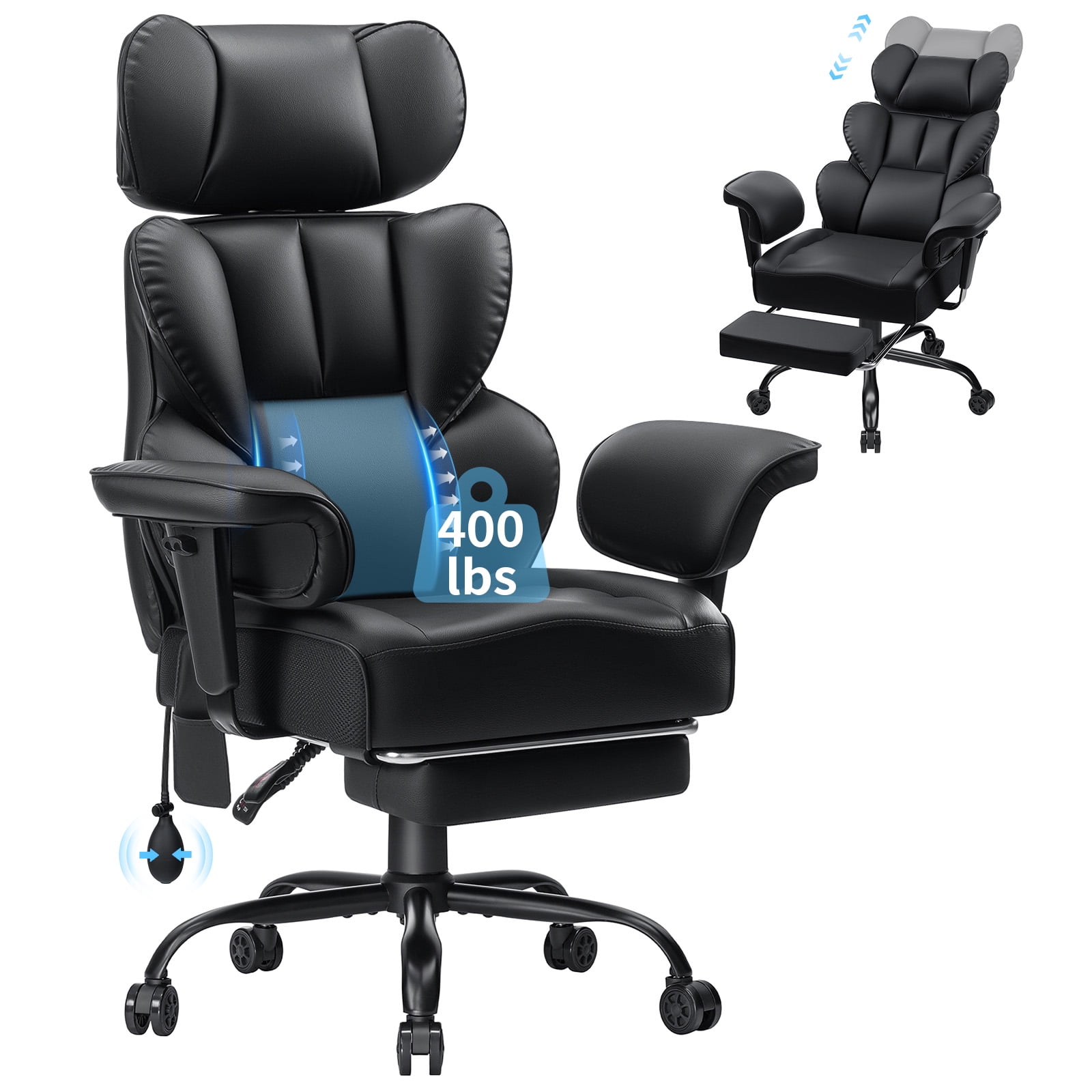 Hoffree Big and Tall Office Chair 400lbs, Ergonomic Computer Desk Chair with Adjustable Lumbar Support, Arms and Headrest , Executive Leather Chair with Saddle Shaped Seat Cushion for Home, Black