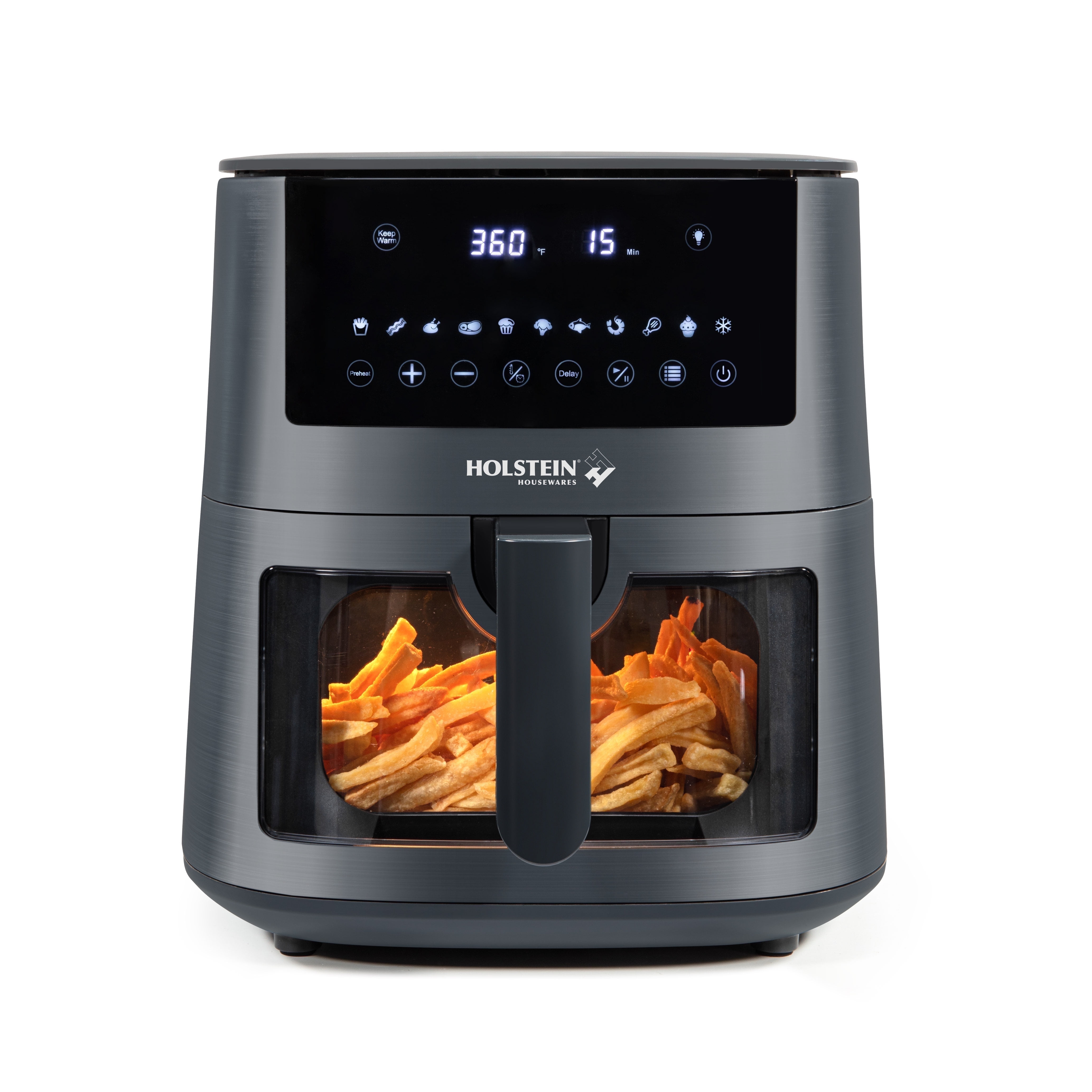 Holstein Housewares 7.6QT Digital Air Fryer with viewing window and led display with 7 preset options. Fry, bake, grill, dehydrate, and roast healthier recipes. Dishwasher Safe