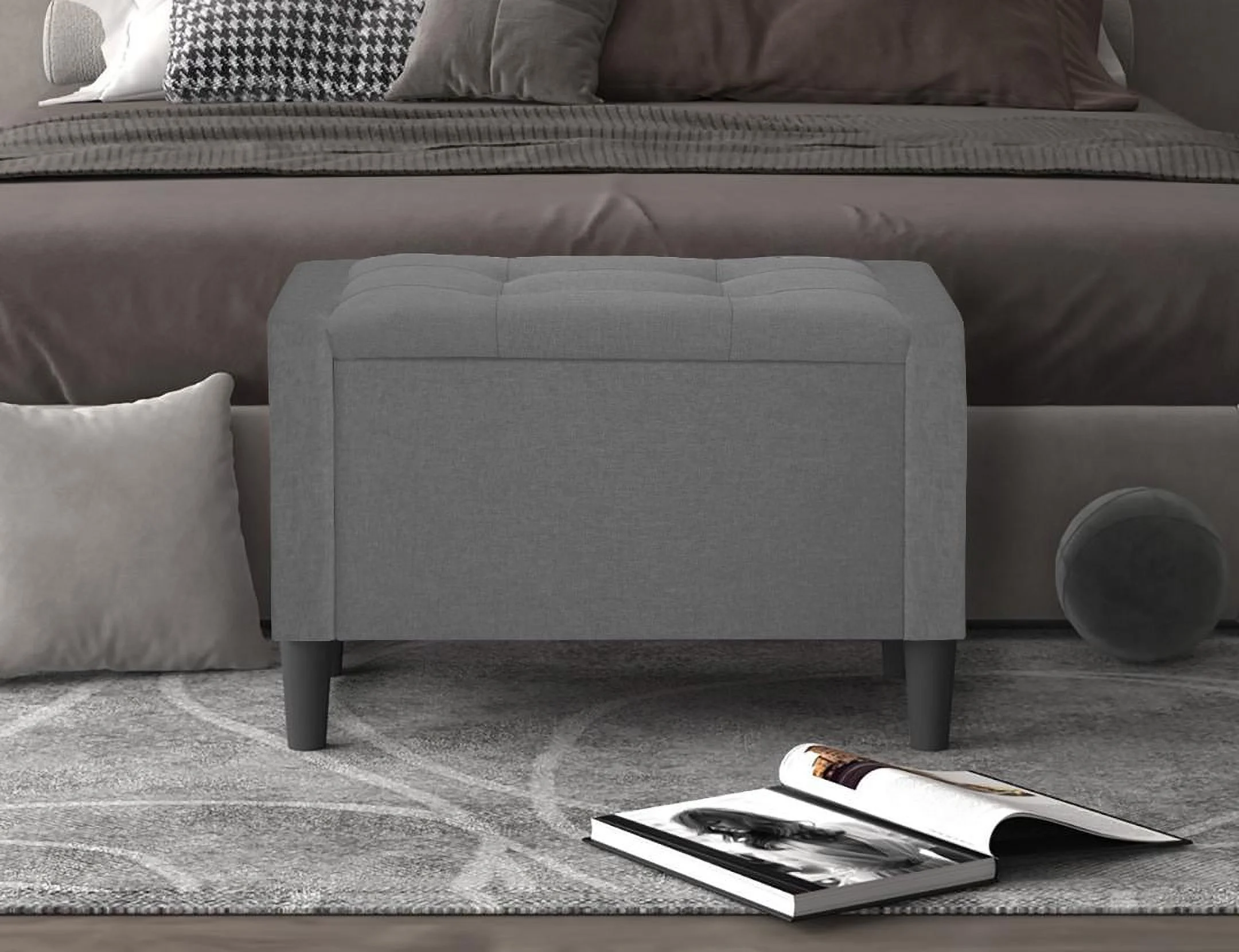 Home Design Braylen Upholstered 29" Flip Top Storage Bench with Button Tufted Velvet Seat, Spacious Hidden Storage, and Sturdy Tapered Legs, Modern Rectangular Design for Bedroom or Living Room, Gray