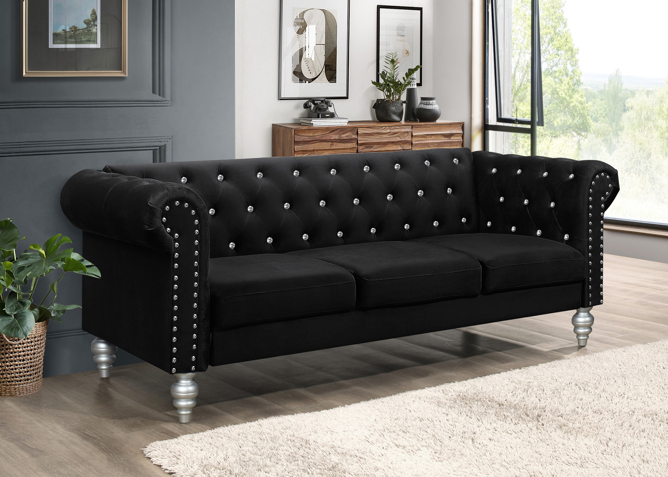 Home Design Emma Contemporary Velvet Rolled Arm Chesterfield Sofa with Diamond Button Tufted Back and Nailhead Trim, Wood-Turned Legs, Modern Luxury, Black