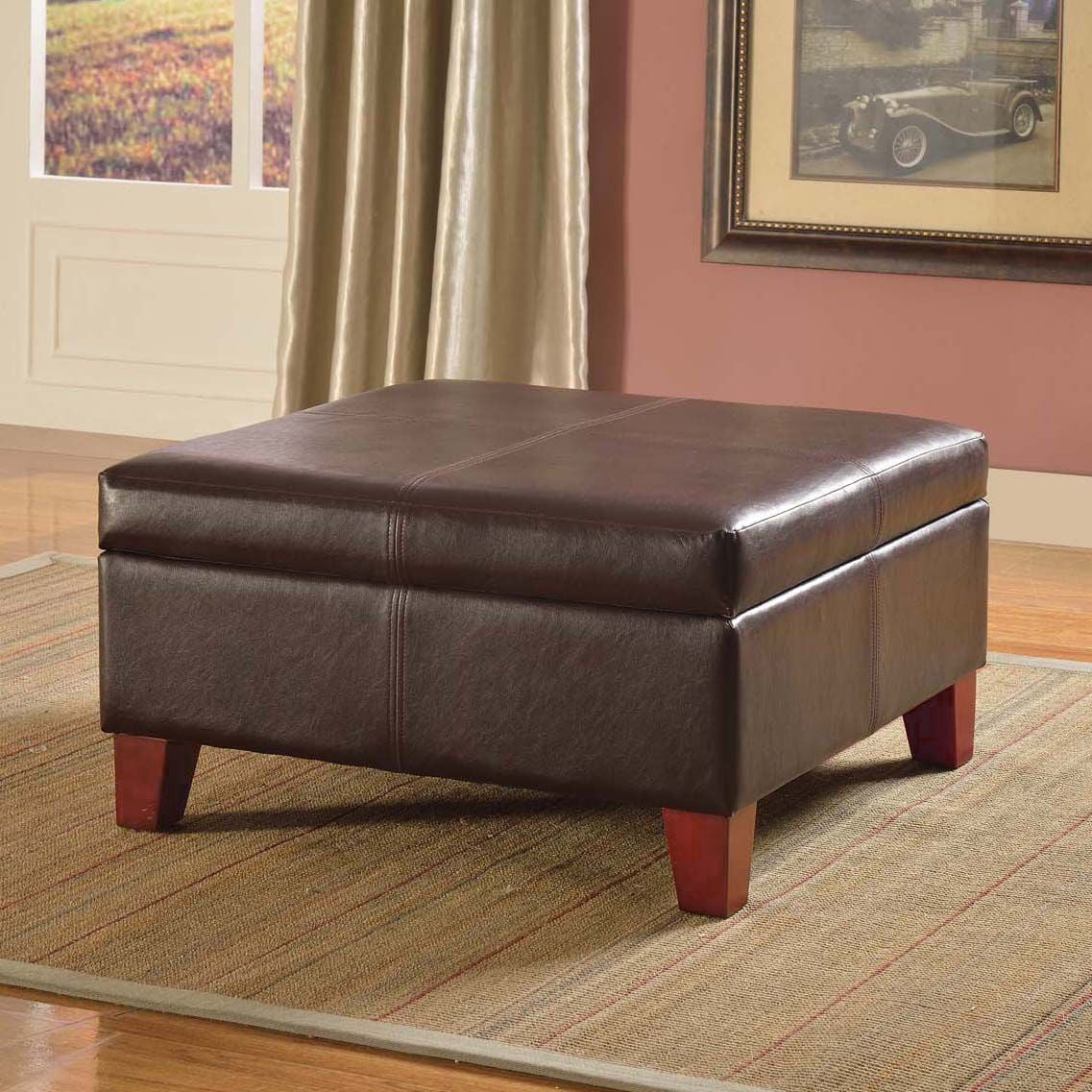 HomePop Transitional Faux Leather Storage Ottoman in Brown Finish