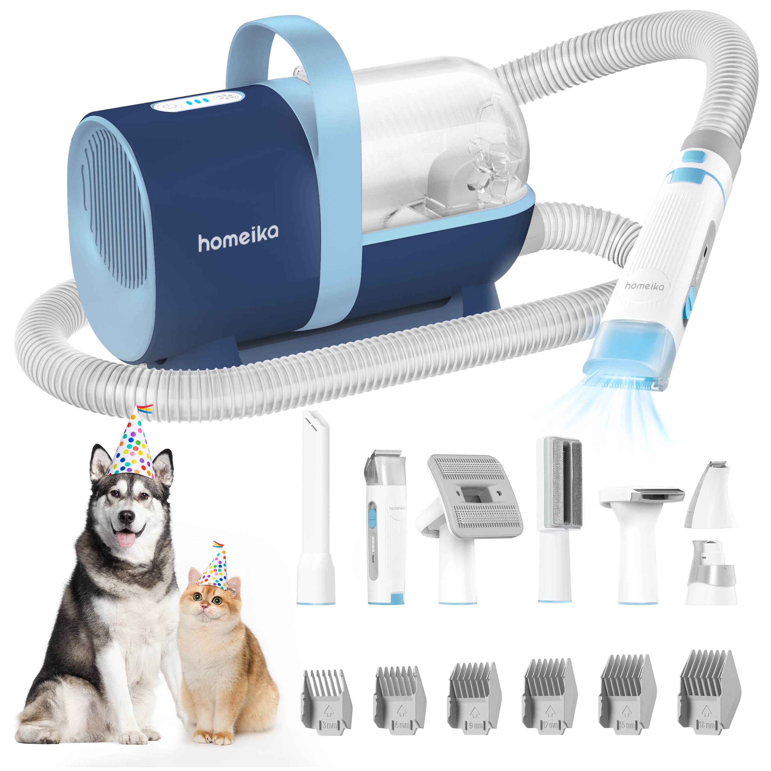 Homeika Pet Grooming Vacuum Cleaner Kit, 8 Pet Grooming Tools, 6 Nozzles, 1.5L Cup, Storage Bag, Dog Grooming Vacuum with Nail Grinder/Paw Trimmer/Shedding Brush for Dog Cat, Blue