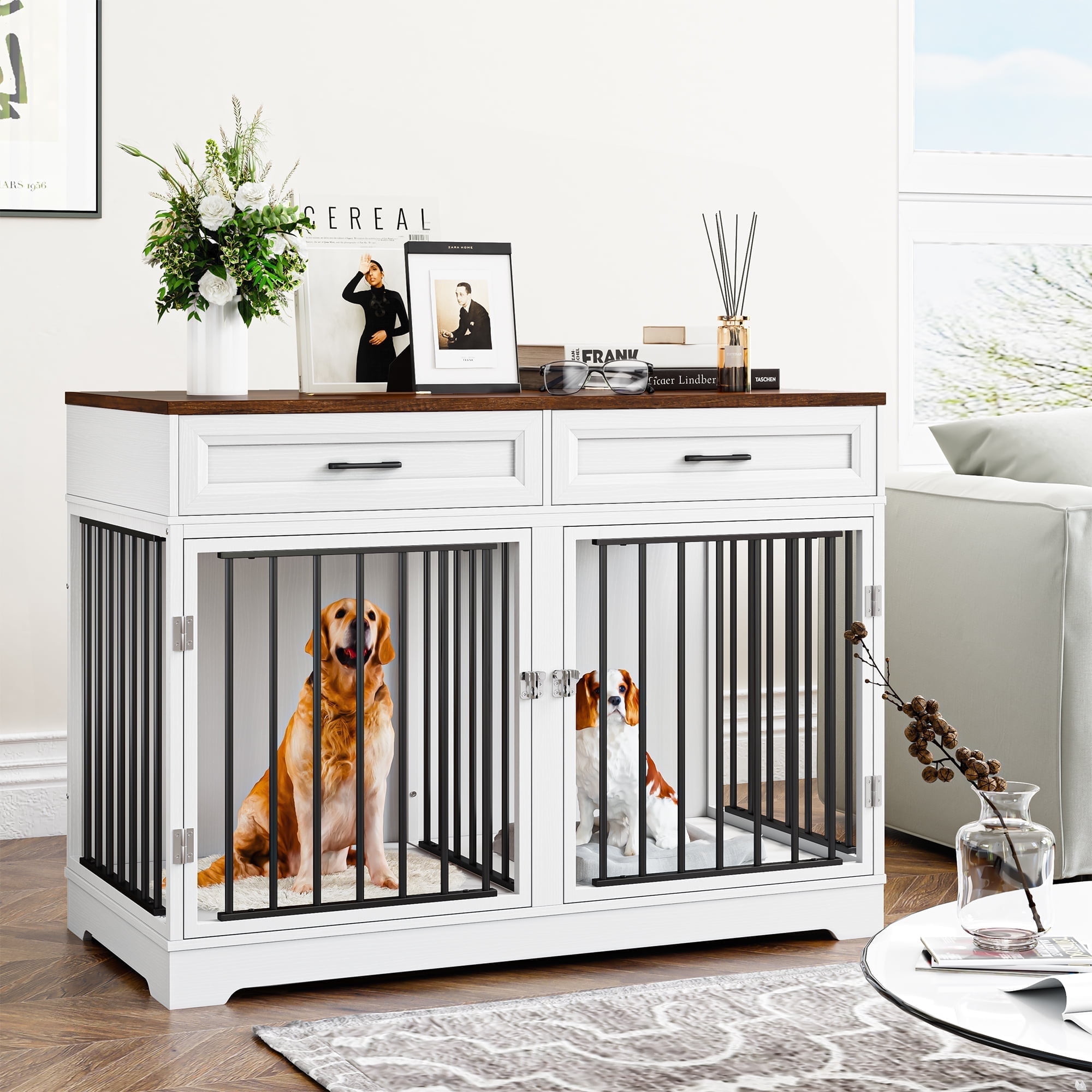 Homfa Dog Crate Furniture with 2 Drawers, 47.2 in Wooden Indoor Dog Cage Table with Divider,White