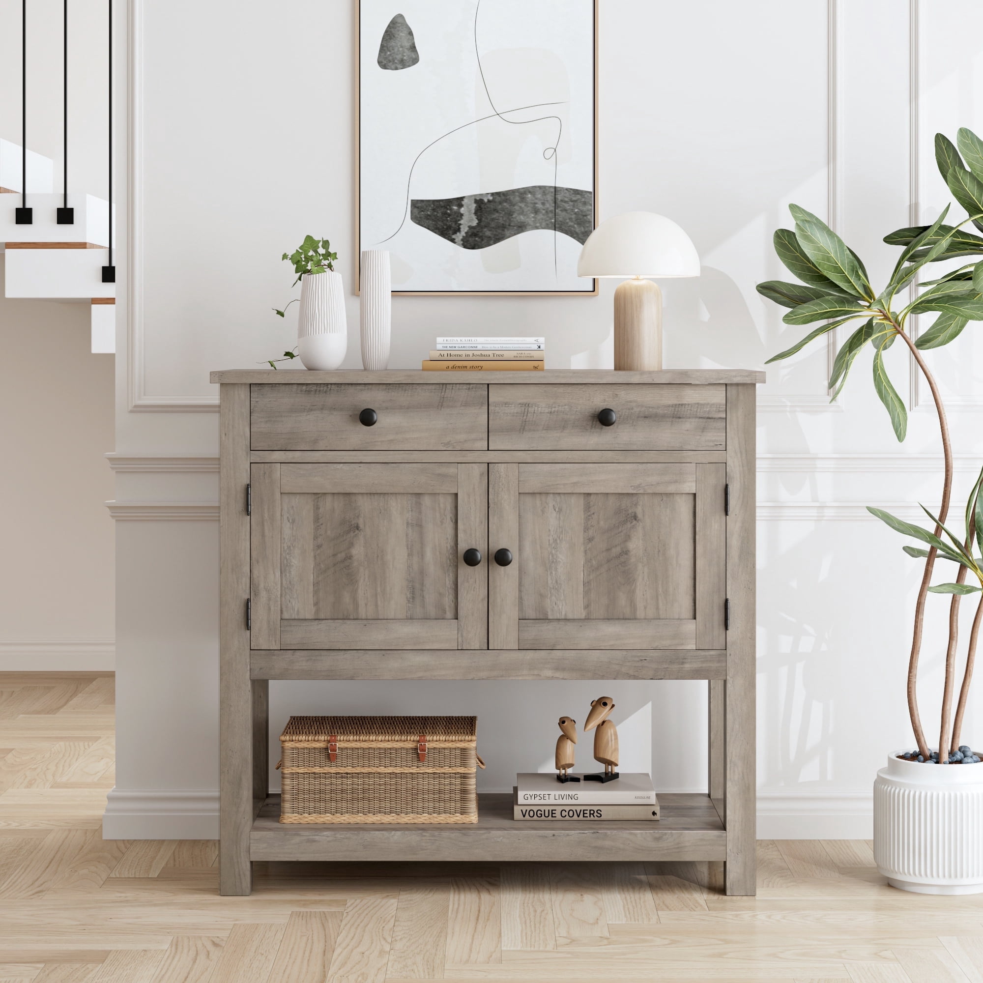 Homfa Farmhouse Console Table with 2 Drawers& Doors, Sofa Table with Storage Cabinet and Open Shelf for Living Room Entryway, Gray