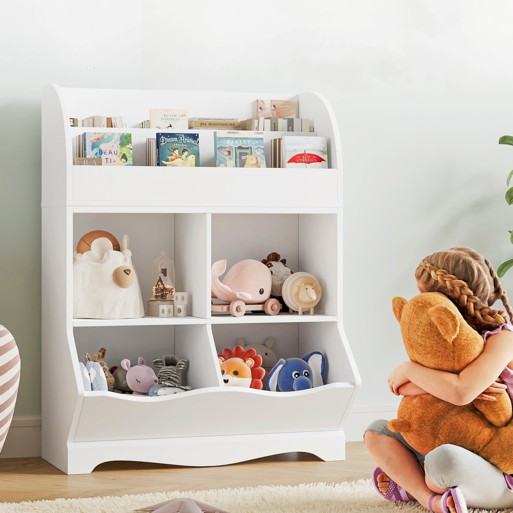 Homfa Kids Bookcase with Book Rack, Wood Cube Toy Storage Cabinet with 4 Bins for Kidsroom Playroom, White