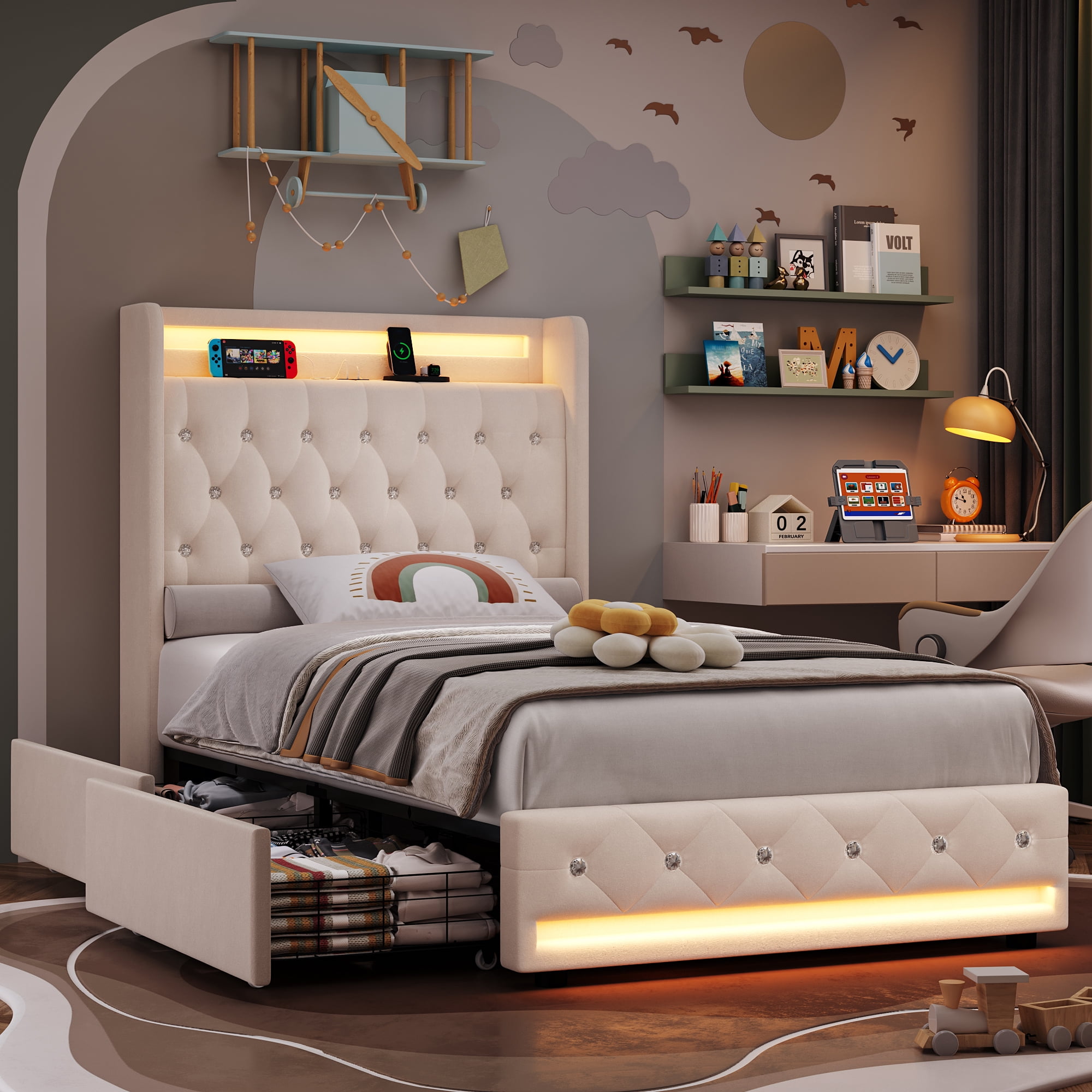 Homfa Twin Bed Frame with LED Light & Charge Station, 4 Storage Drawers Modern Upholstered Wingback Platform Bed Frame, Beige Velvet