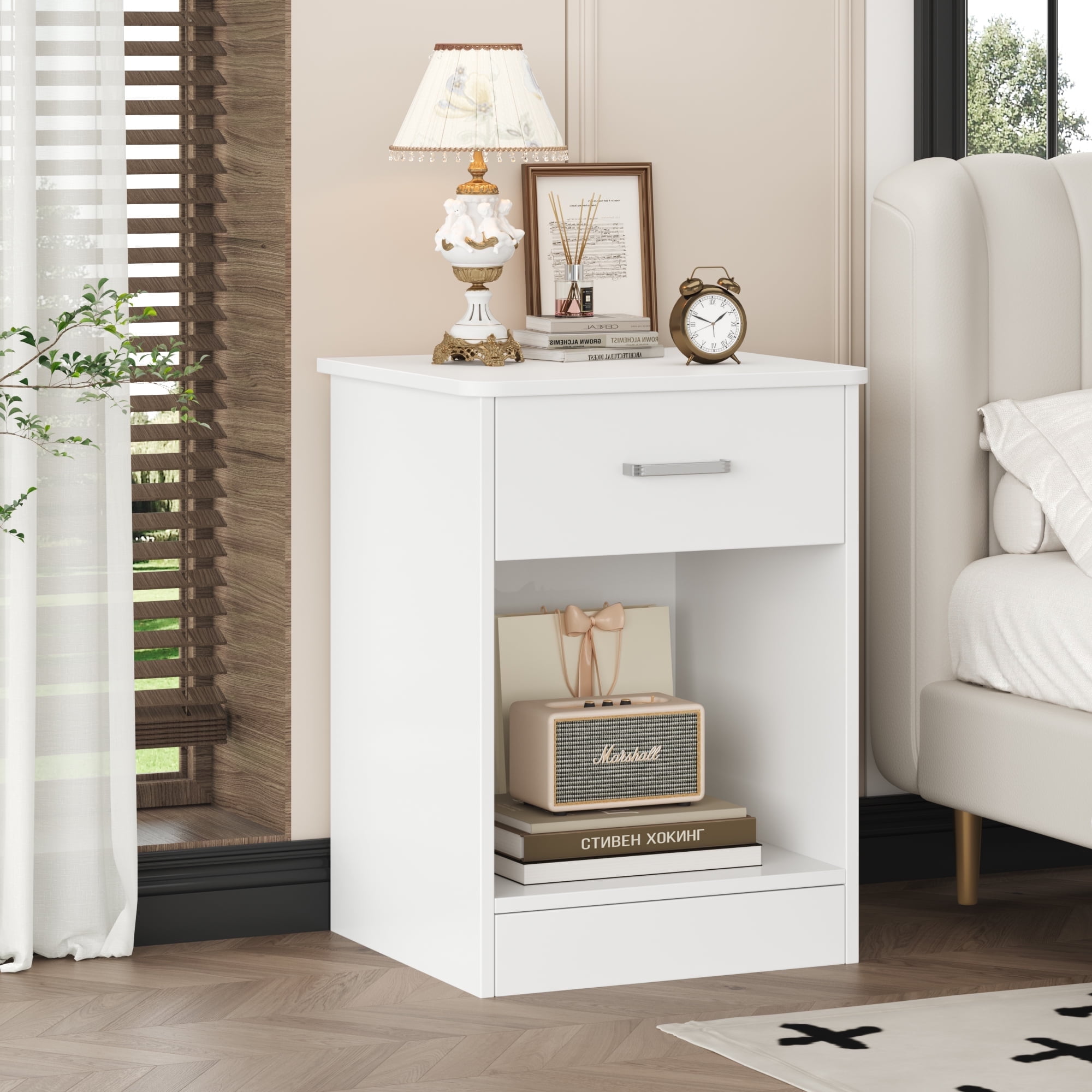 Homfa Nightstand with Drawer，2 Tier Beside Table End Table，Modern Night Stand for Bedroom Living Room, White