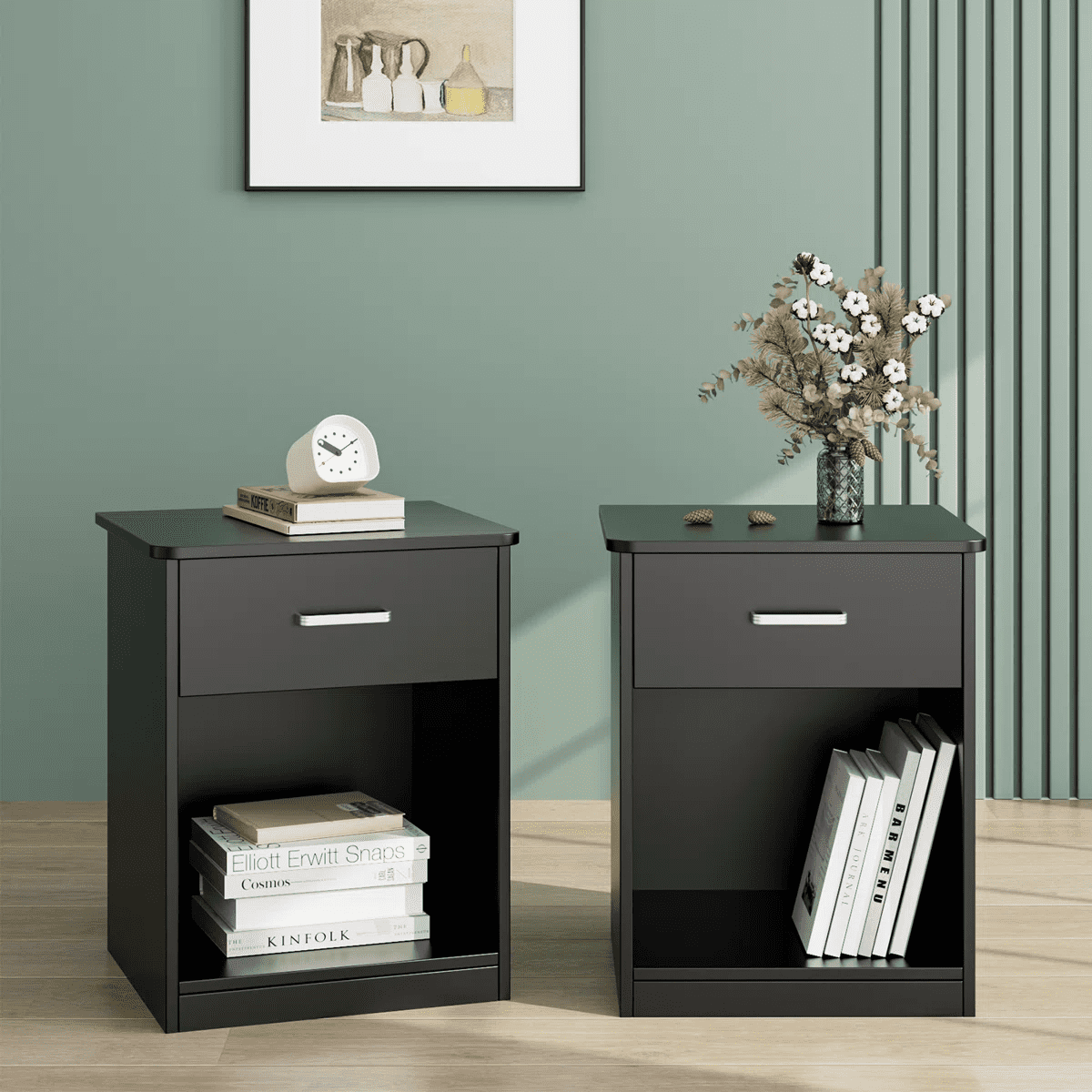 Homfa 2-Tier Nightstand with Drawer & Storage Shelf, Side End Table for Bedroom Living Room Set of 2, Black