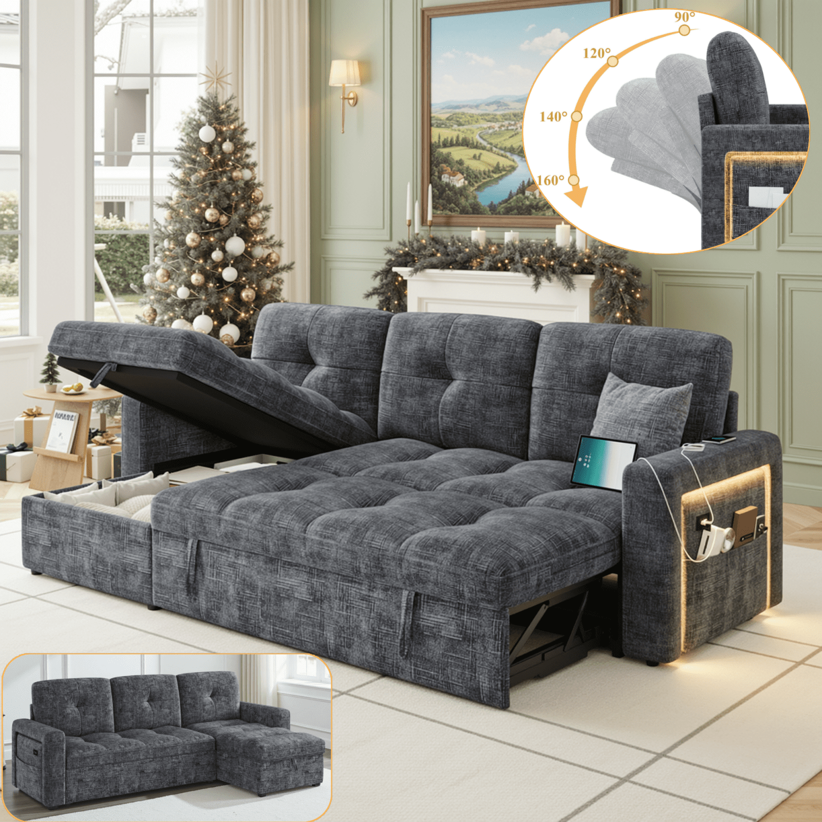 Homfa 81" Sleeper Sofa Bed with Storage Chaise Couch & USB Charging & Port Adjustable Backrest, Chenille Velvet Tufted Pull Out Sofa Bed L-Shaped 4-Seat Sofa for Living Room, Gray