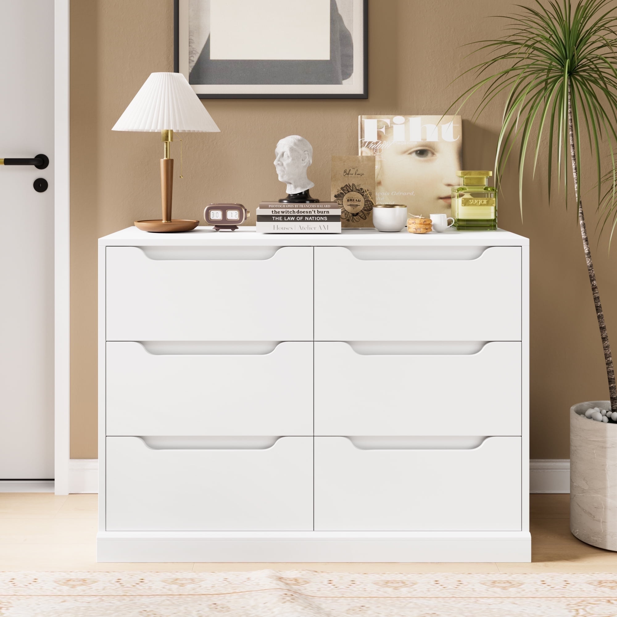Homfa 42.5'' W 6 Drawer Dresser, Modern Handless Wood Storage Cabinet for Bedroom Living Room, White