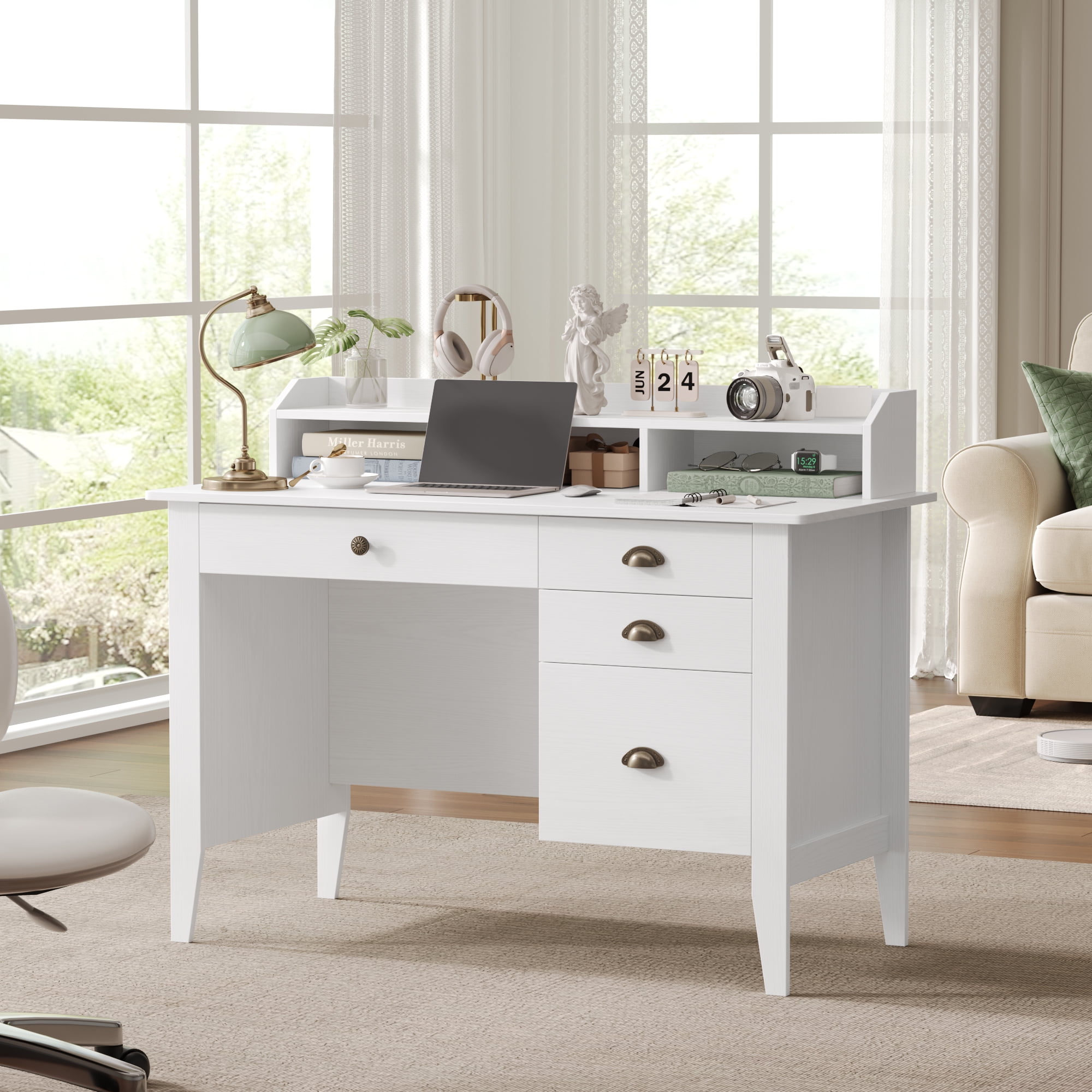 Homfa 47 in Computer Desk, Home Office Writing Table with 4 Drawers and Hutch Shelf, White