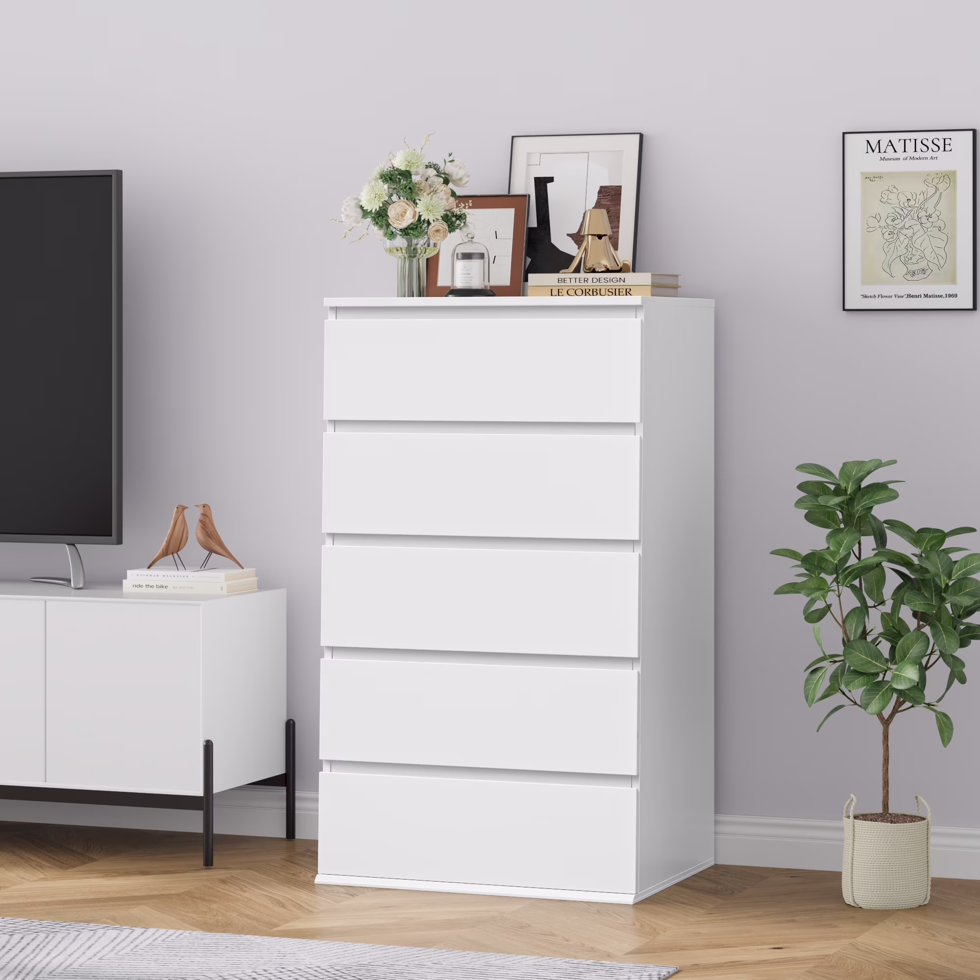 Homfa 5 Drawer White Dresser, Modern Storage Cabinet for Bedroom,Tall Chest of Drawers for Living Room