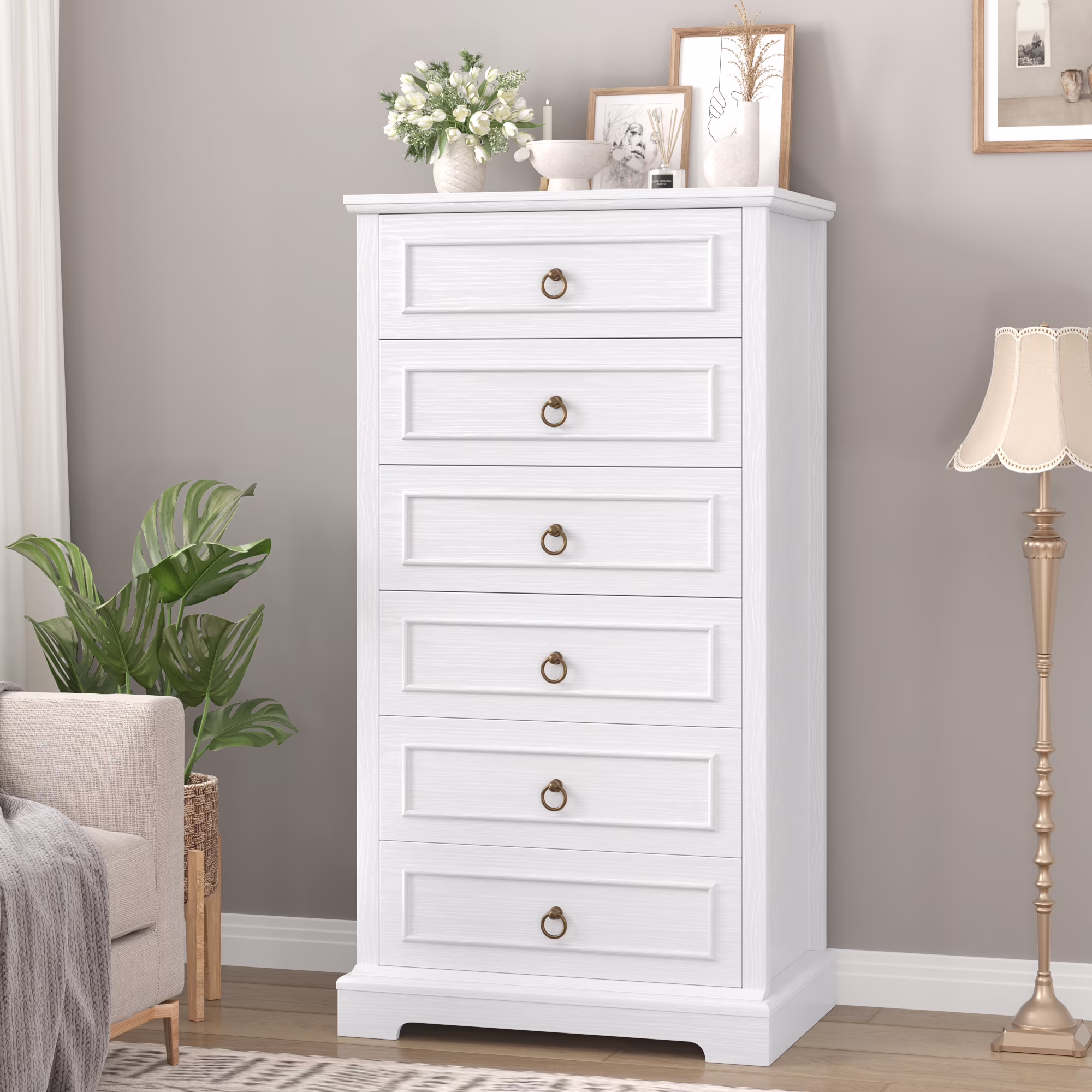 Homfa 6 Drawer Tall Dresser, 52"H Chest of Drawers, Wooden Storage Cabinet for Bedroom, White