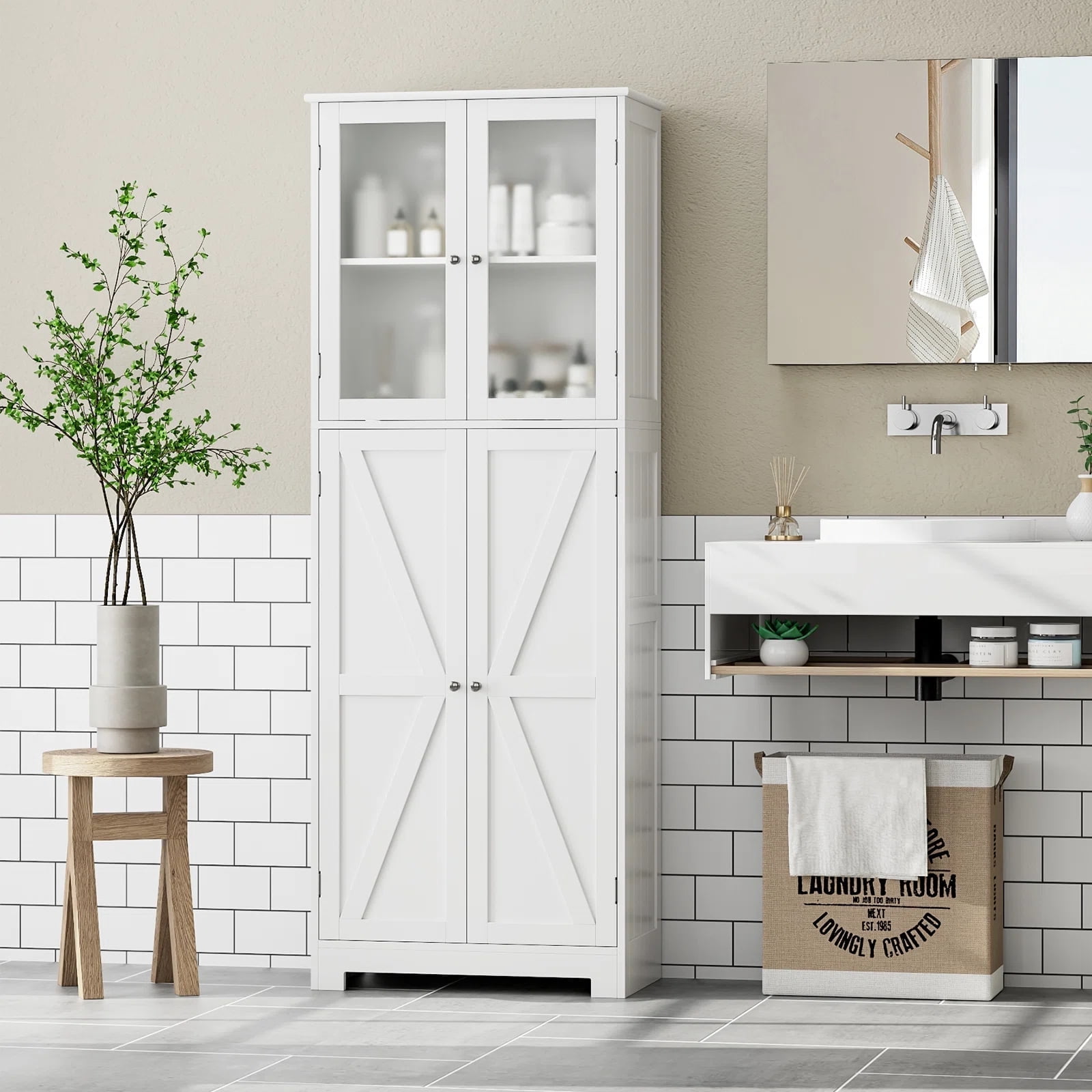Homfa 67" Tall White Bathroom Storage Cabinet with Glass Doors, Farmhouse Freestanding Cupboard Storage Cabinet for Small Space