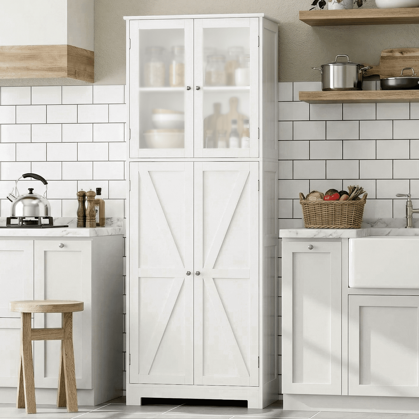 Homfa 67" Farmhouse Kitchen Pantry Storage Cabinet with Glass Doors, Freestanding Cupboard Storage Cabinet for Small Space, White