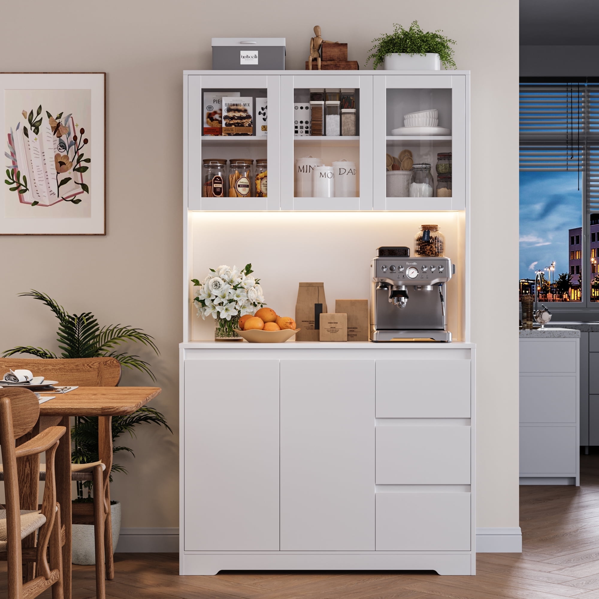 Homfa 70.9'' Kitchen Pantry Cabinet with Charging Station and LED Light, 3 Drawers Buffet Storage Cabinet with Glass Doors and Adjustable Shelves, White