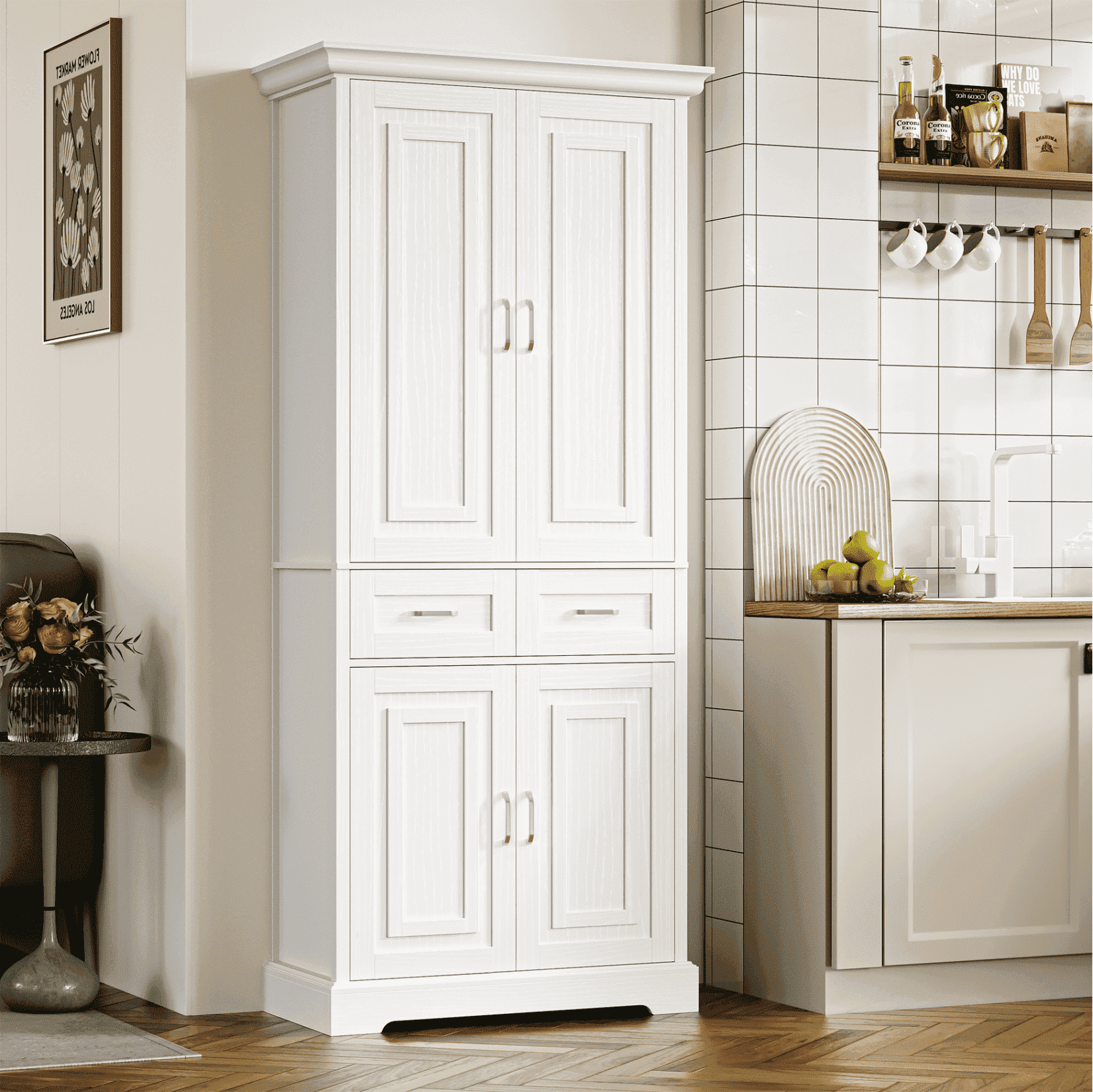 Homfa 70.9'' Tall Kitchen Pantry with 4 Doors, 2 Drawer Modern Freestanding Storage Cabinet for Dining Room Living Room, White