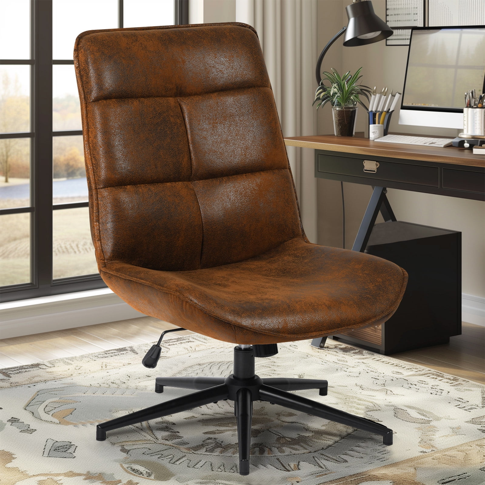 Homy Casa Office Desk Chair, Adjustable Height 15° Tilt High Back Swivel Leisure Chair Makeup Vanity Chair, Brown