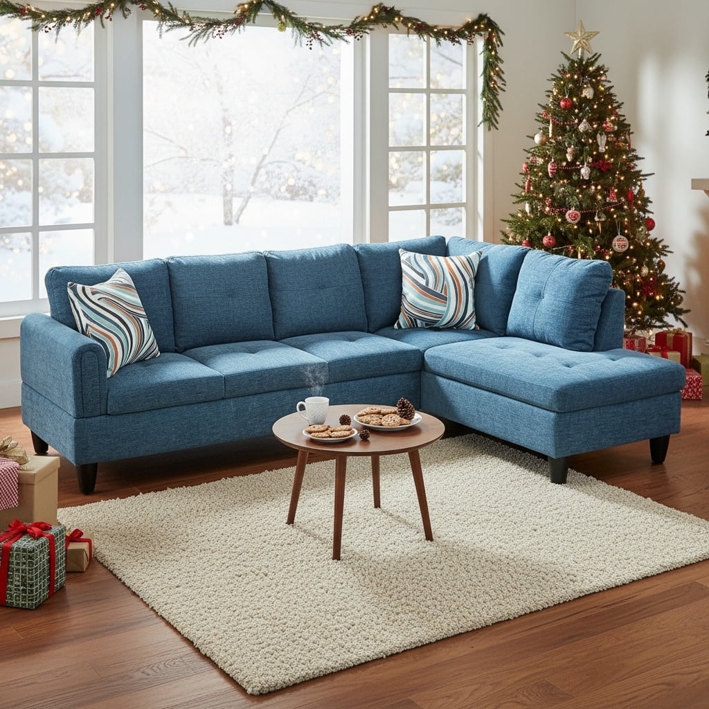 Hommoo Flannel Living Room Furniture Sets, 4-Seat Couches and Sofa Set, L Shaped Couch Set Sectional Sofa Set for Home, Apartment, Dorm, Blue(No Ottoman)