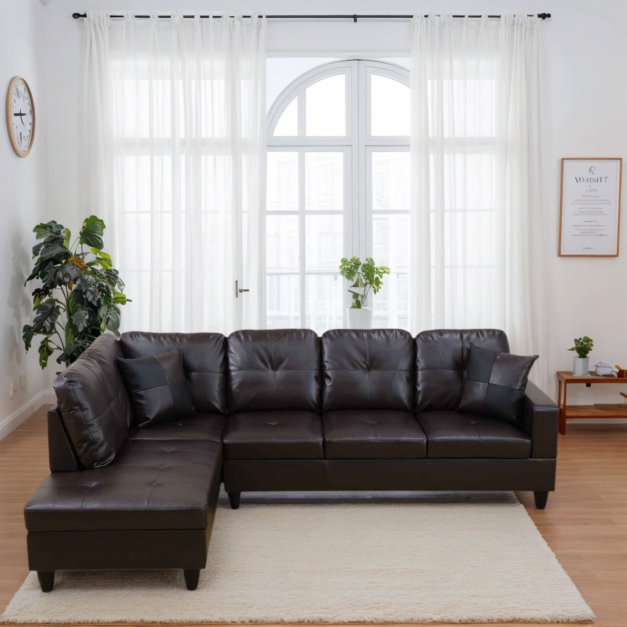 Hommoo Modern Faux Leather Sectional Couch and Sofa Set, L Shaped Sectional Sofa with 17.5" Back Height, Living Room Furniture Sets, Brown(No Ottoman)