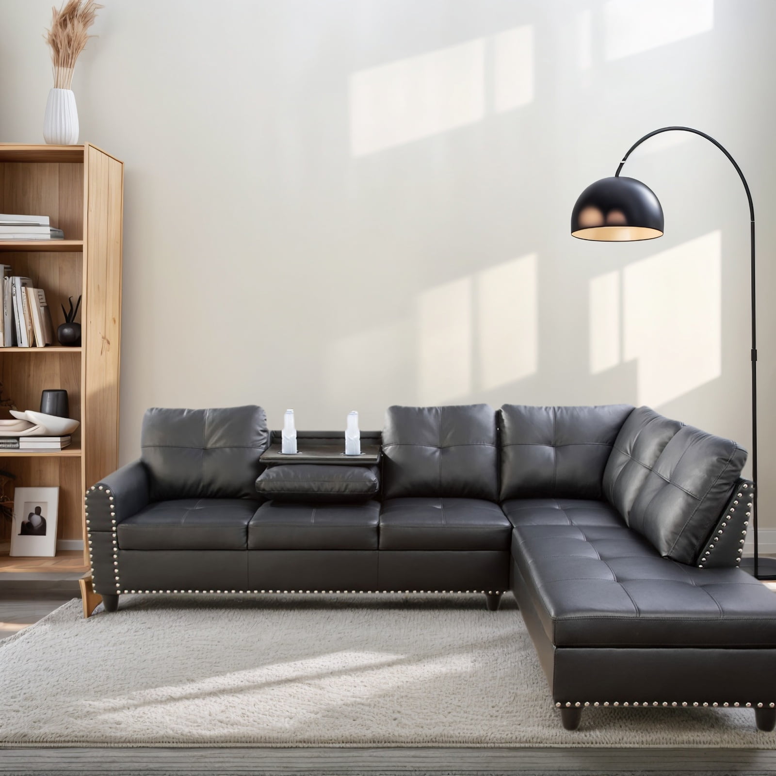 Hommoo 4-Seat Faux Leather Sectional Sofa Sets, L Shaped Flippable Backrest Sectional Couches and Sofas, Modern Living Room Furniture Sets, 15' Back Height, Black(No Ottoman)