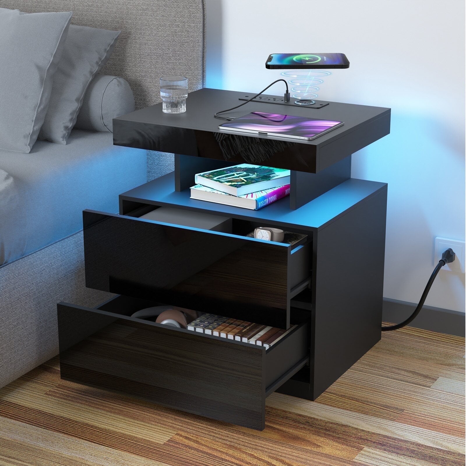Hommpa LED Nightstand with Wireless Charging Station Modern Nightstand Type C USB Port 2 Drawers Bedside Table Black Smart Night Table High Gloss End Side Table for Bedroom Furniture 22.3" Tall