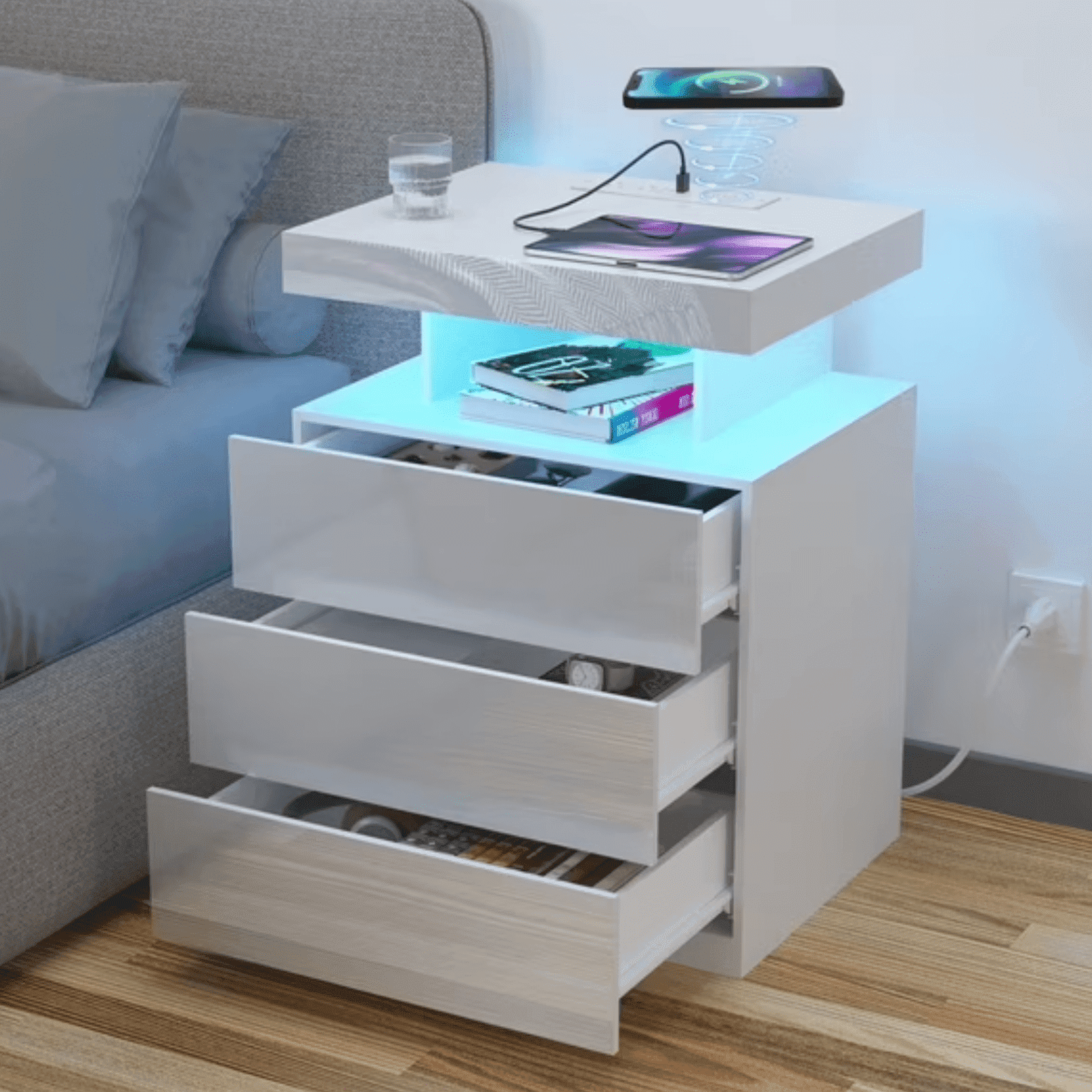 Hommpa LED Nightstand Wireless Charging Station USB Type C Outlets Bedside Table 3 Drawers White Night Table Modern Smart Nightstand High Gloss End Side Table for Bedroom Furniture 26.8" Tall