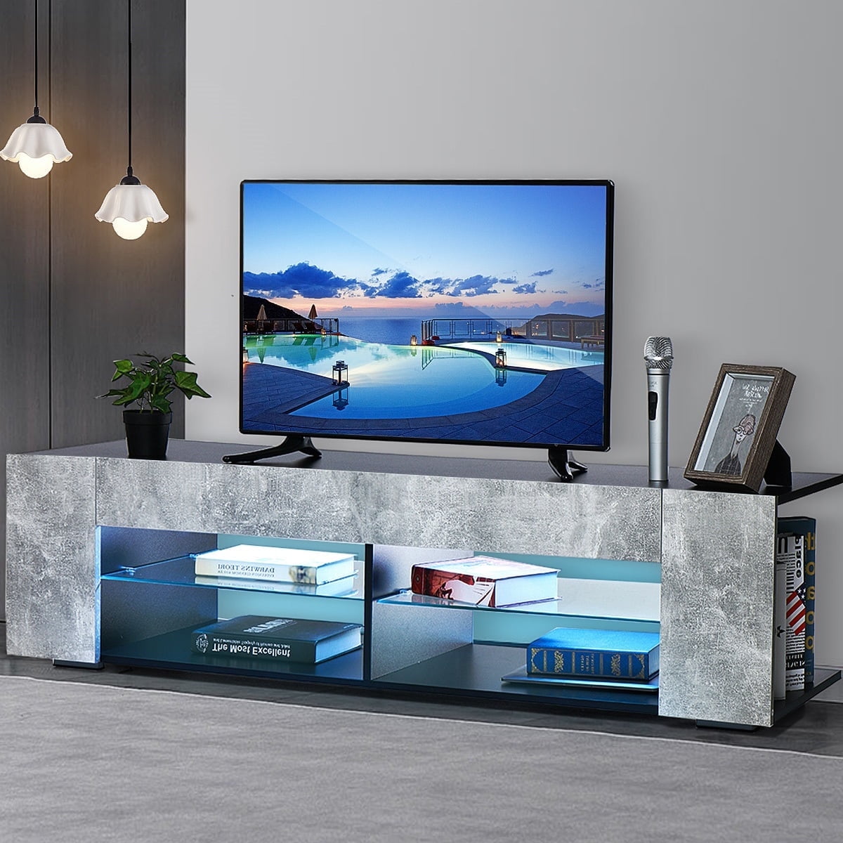 Hommpa LED TV Stand TV Cabinet for TVs up to 65" with Side Bookshelf and 4 Open Shelves Modern Television Media Console Entertainment Center