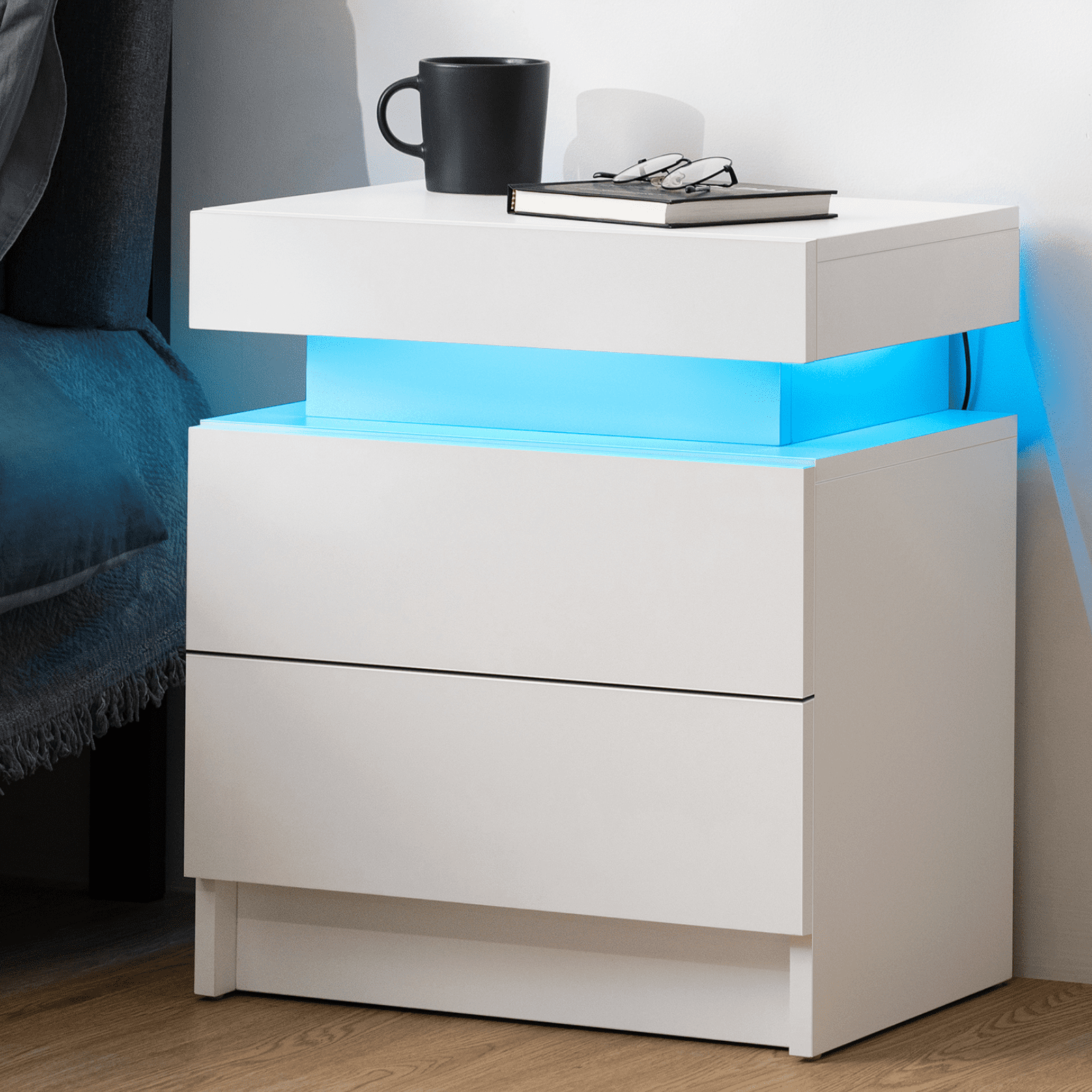 Hommpa Modern LED Nightstand with 2 Drawers High Gloss Led Light Bedside Table Storage White Night Table with Lights End Side Table with Drawer for Bedroom 20.5" Tall