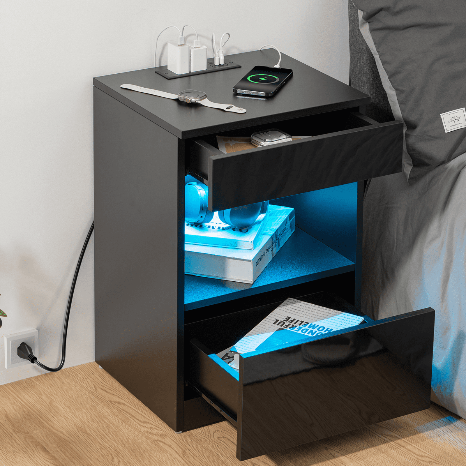 Hommpa Nightstand with Charging Station Nightstands with 2 Drawer Open Shelf Nightstands Black Nightstands High Gloss LED End Table Nightstands for Bedroom Living Room Furniture 23.6" Tall