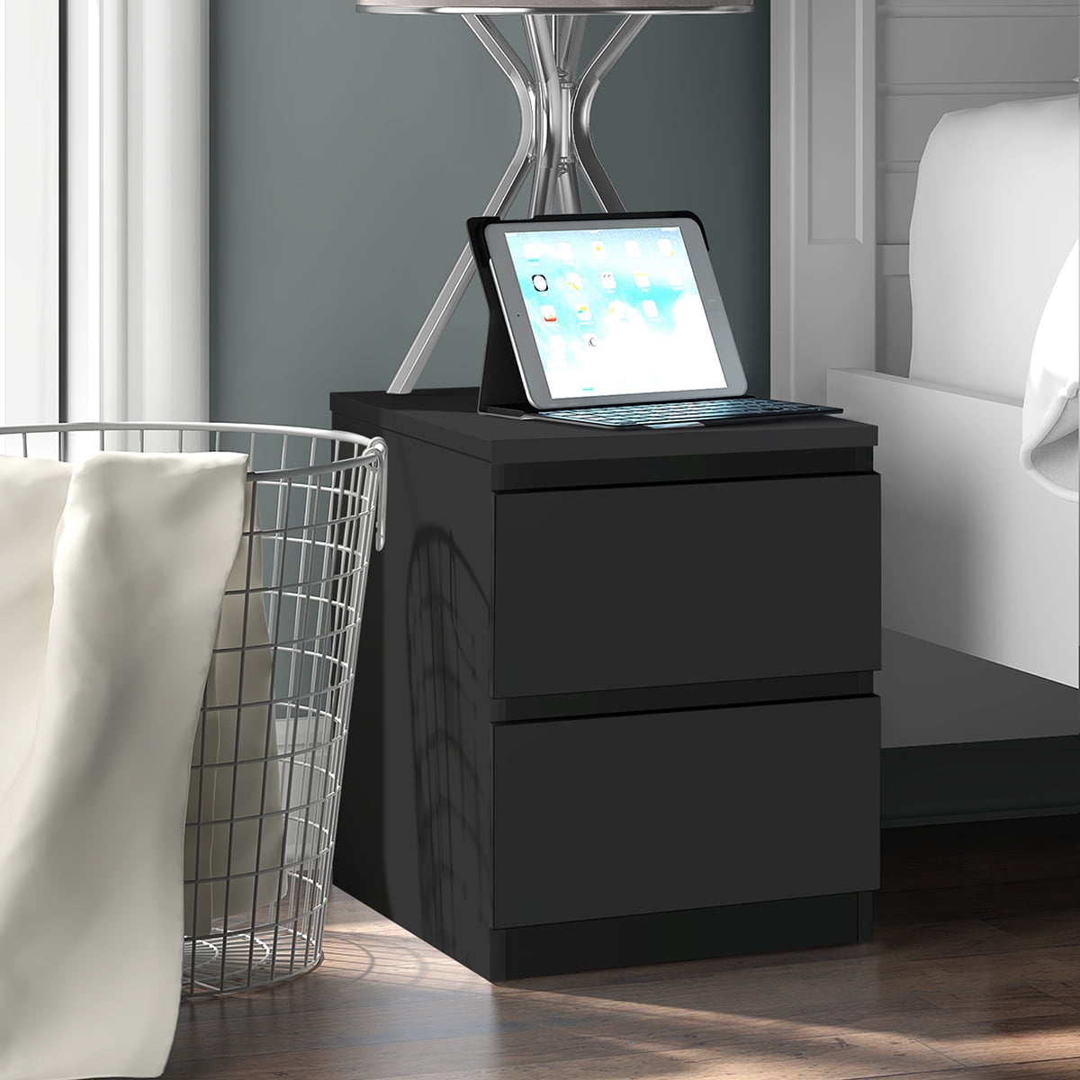 Hommpa 2 Drawers Nightstand for Bedroom, Bedside End Table Organizer, Wooden Black Finish 17.72" x 13.78" x 18.51"