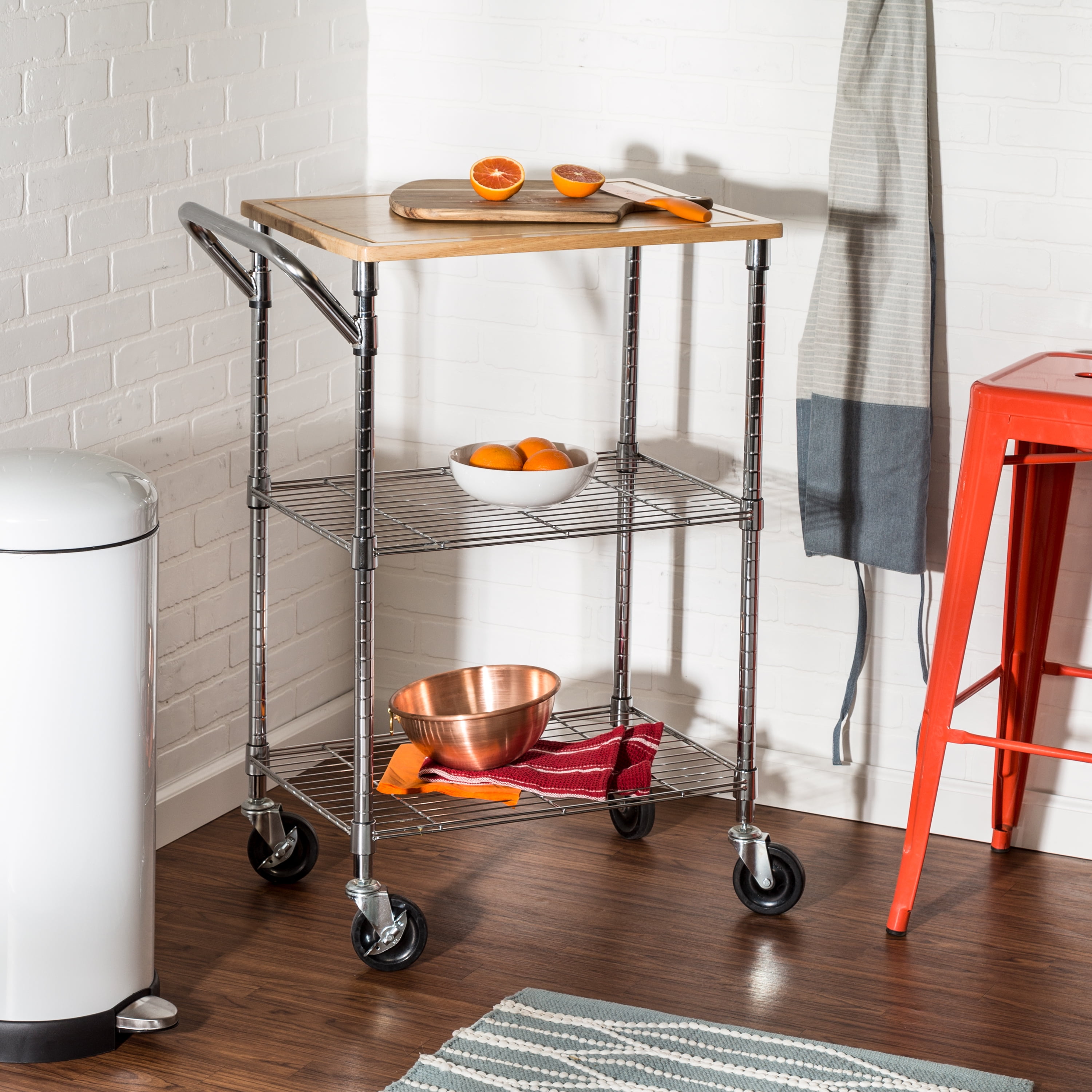 Honey-Can-Do Steel 2-Tier Rolling 28.5" Kitchen Storage Cart with Cutting Board Top, Chrome/Natural