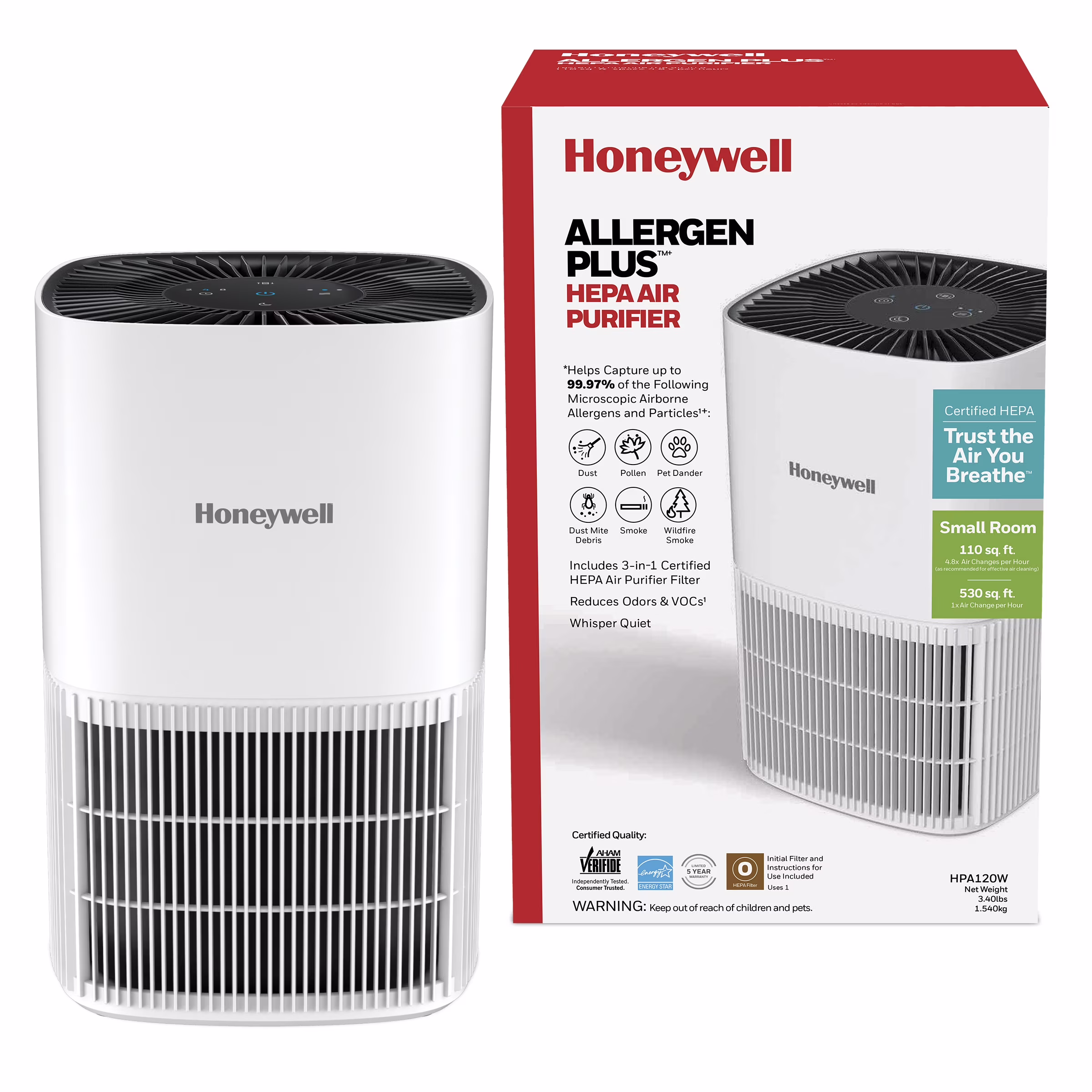 Honeywell HEPA Air Purifiers for Bedroom, HPA120W, 530 Sq Ft, HEPA Filter - Allergen+, Smoke, Pollen Reducer