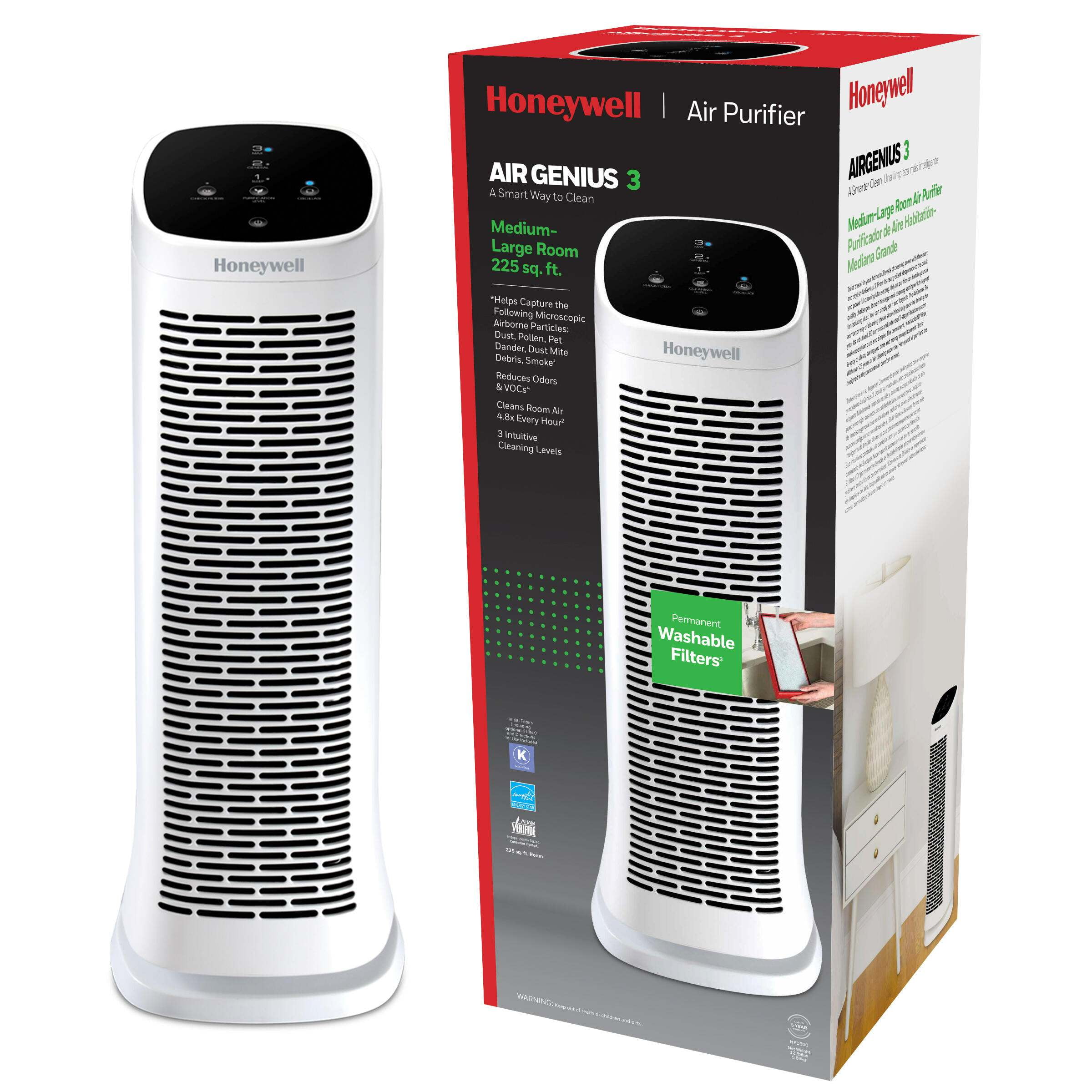Honeywell Air Purifier, HFD300, 1095 sq ft, ifD Particle Washable Filter, Allergen, Smoke, Pollen, Dust Reducer