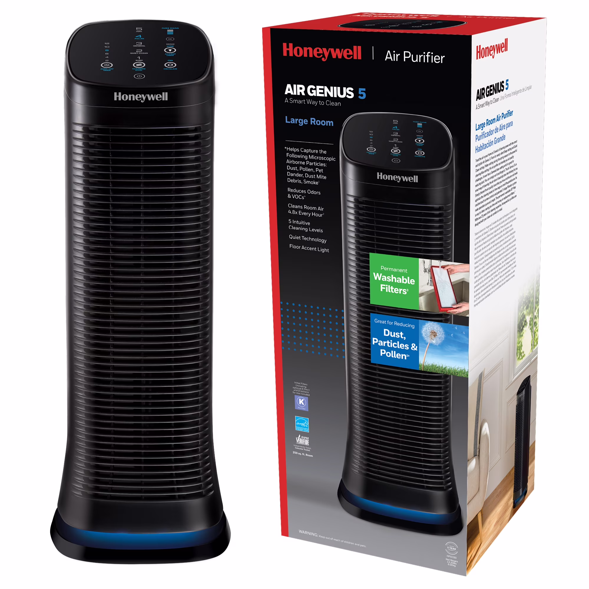 Honeywell Air Purifier with Permanent Washable Filter for Home, 1208 Sq. Ft. Rooms in 1 hour, Reduces Dust, Pet Dander, Smoke, Black, HFD320
