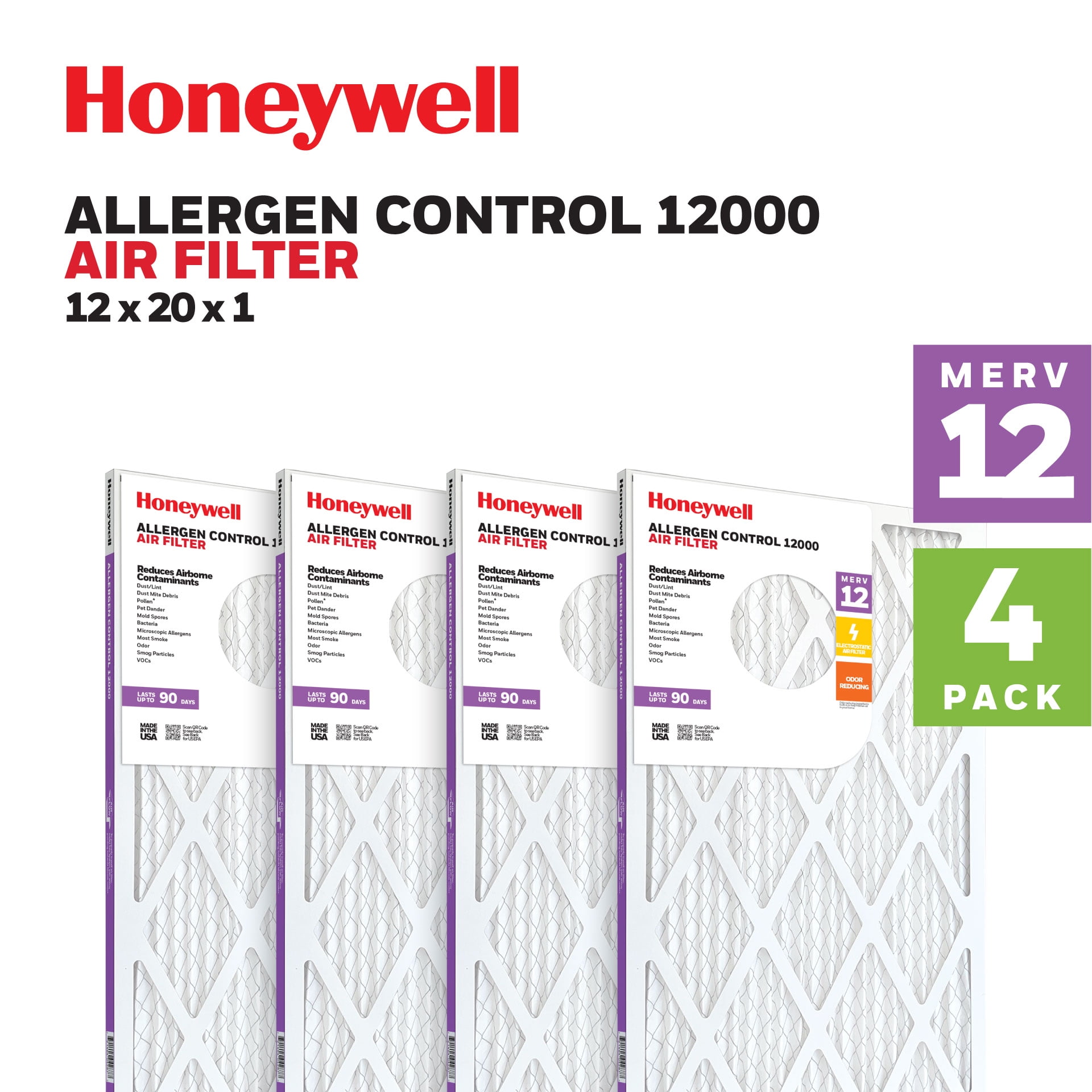 Honeywell 12x20x1 MERV 12 Pleated HVAC Furnace Air Filter -4 Pack