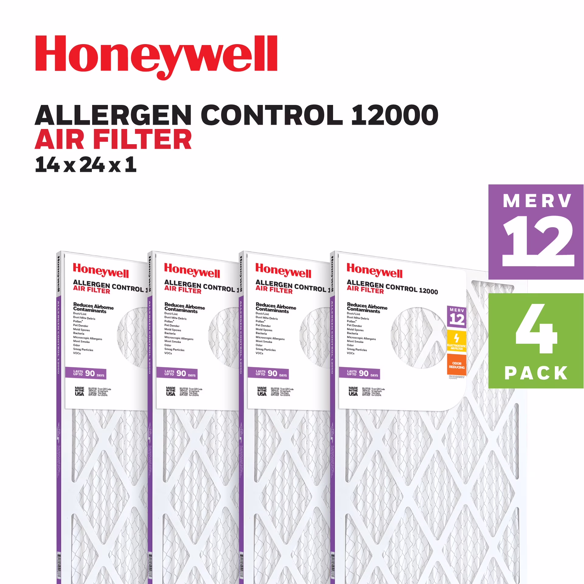 Honeywell 14x24x1 MERV 12 Pleated HVAC Furnace Air Filter- 4 Pack
