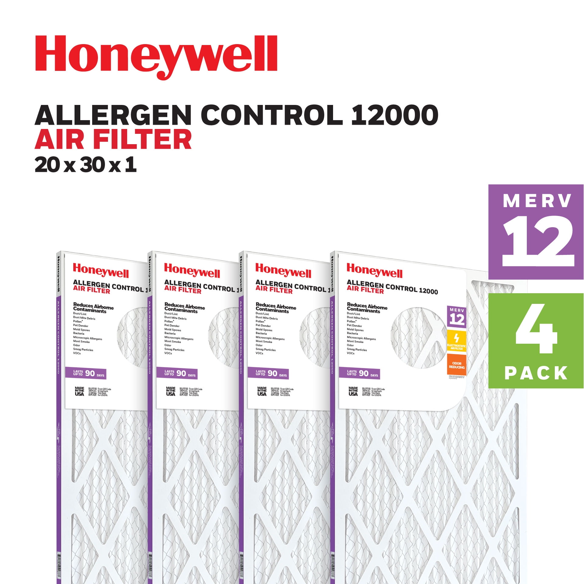 Honeywell 20x30x1 MERV 12 Pleated HVAC Furnace Air Filter -4 Pack