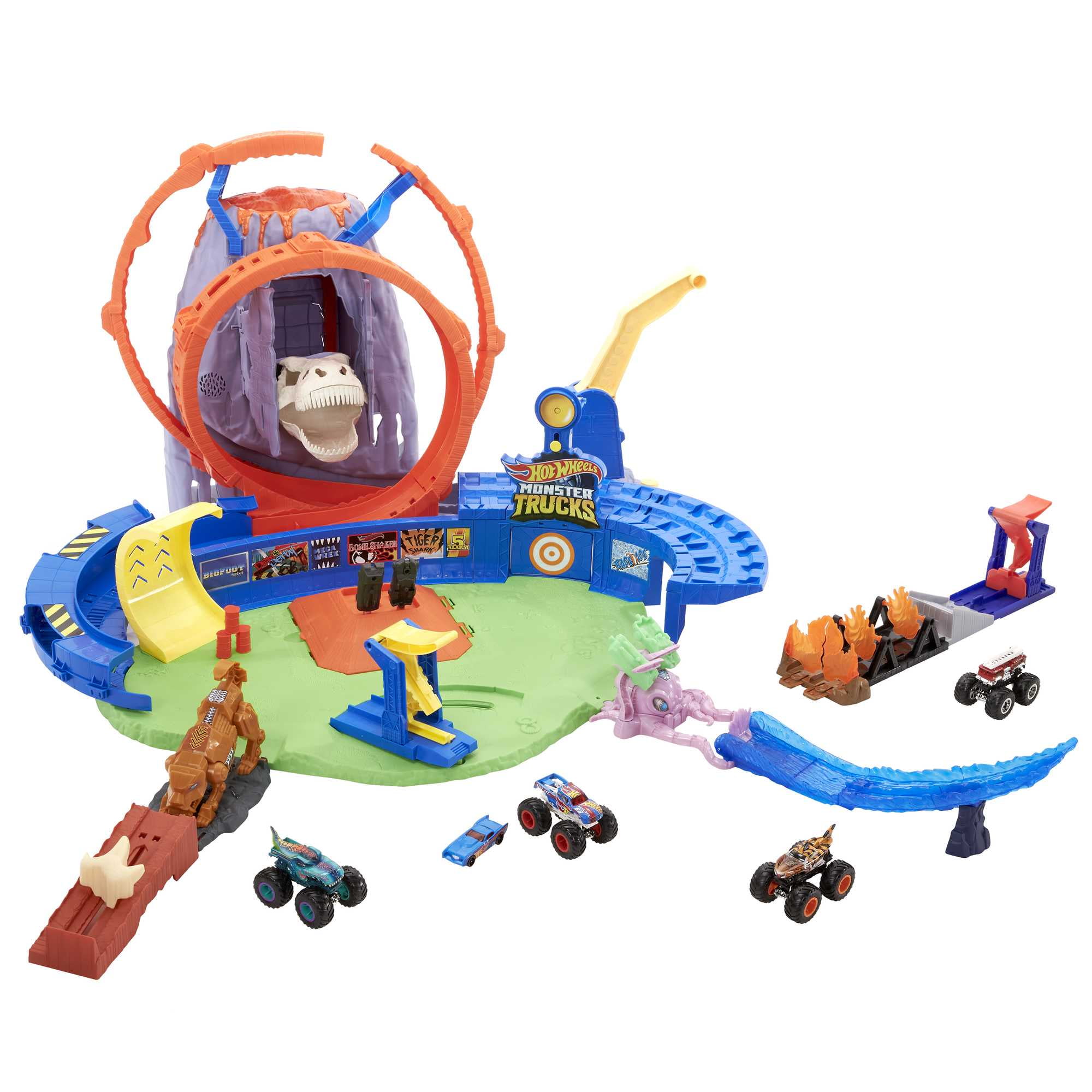 Hot Wheels Monster Trucks T-Rex Volcano Arena Playset with 1 Toy Truck & 1 Toy Car