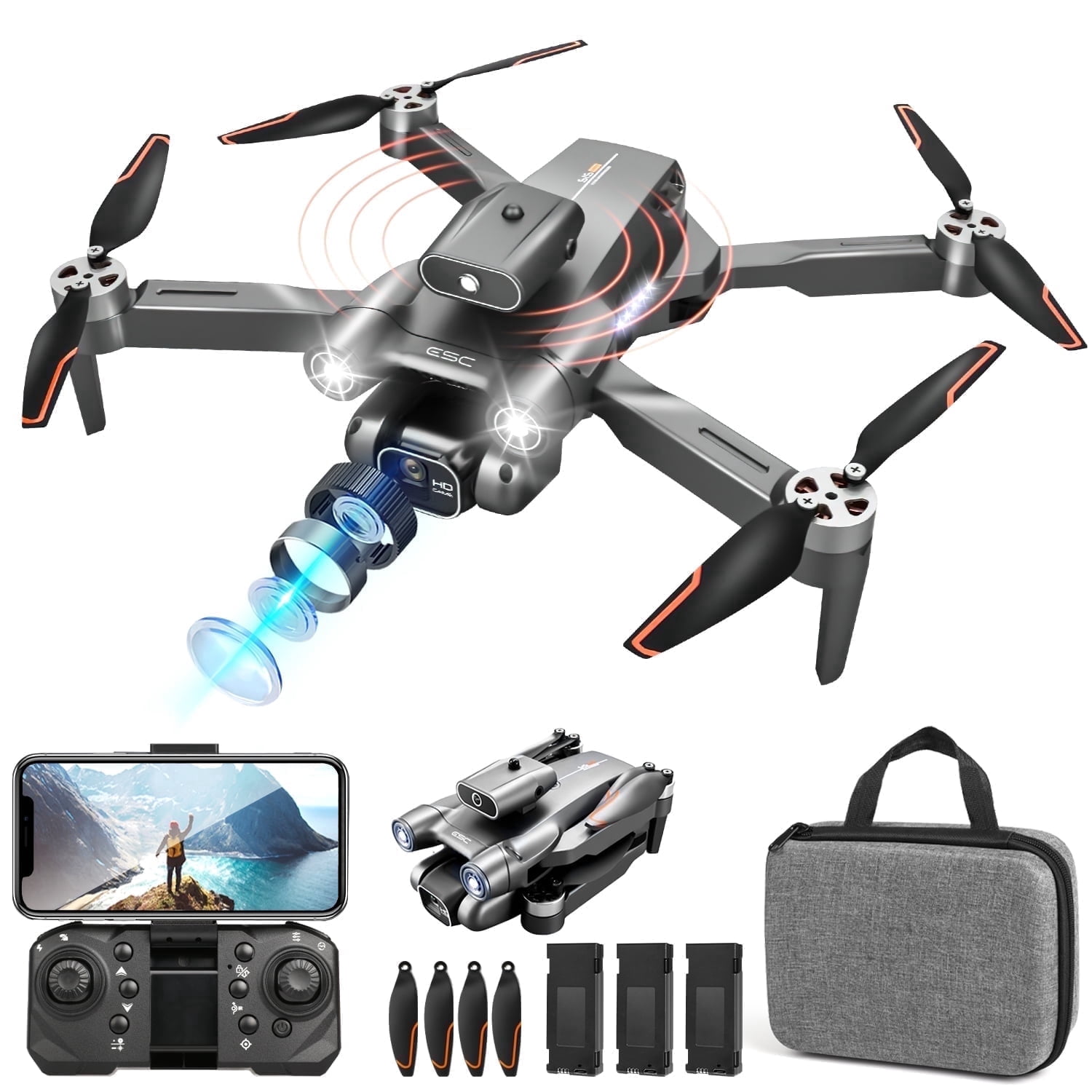 Hot Bee Foldable Aerial Drones, 1080p Ajustable Dual Camera & 3 Batteries, Brushless FPV Quadcopter UAV, Optical Flow, 360° Obstacle Avoidance, Waypoint Fly, Christmas Toy Gift for Adults & Kids