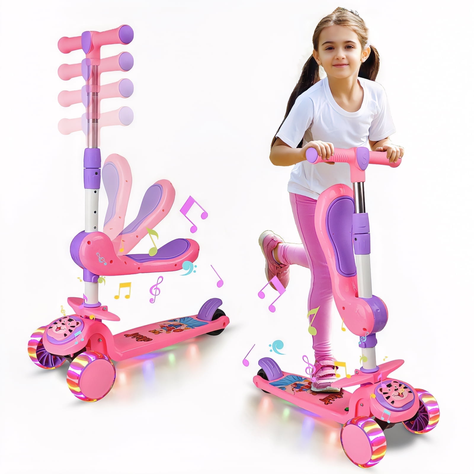 Hot Bee Pink Kids Scooter with Adjustable Seat, Foldable Design, Music and Lights, LED Wheels, Outdoor Activities Toy for Girls/Boys Aged 2 3 4 5 6+, Birthday Gift for Girls 3+