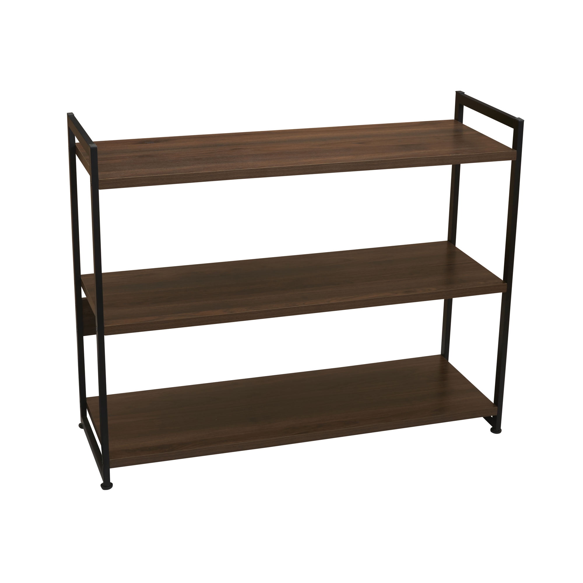 Household Essentials Jamestown Wide 3 Shelf Open Storage Bookshelf Mid Century Walnut Wood Grain and Black Metal