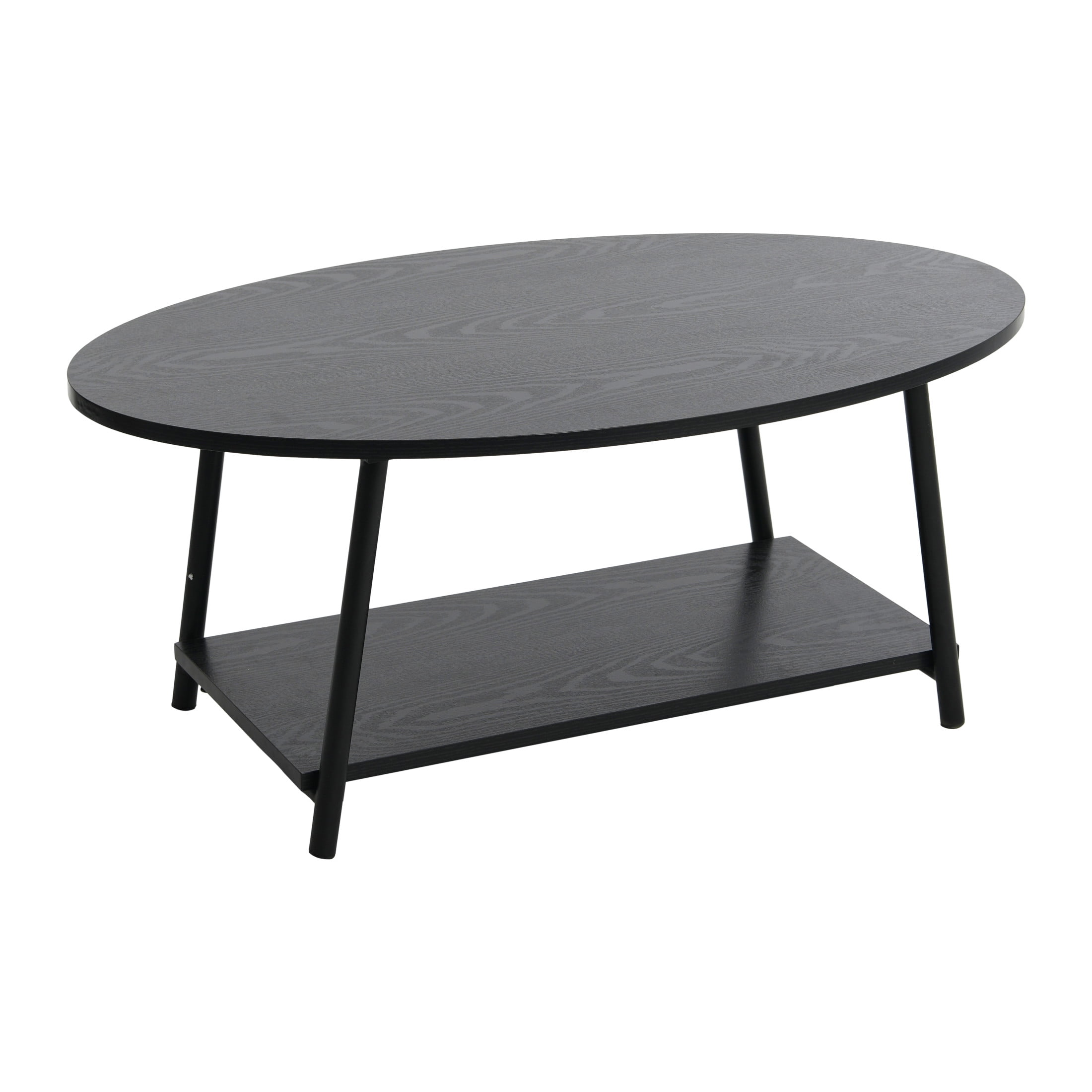 Household Essentials Jamestown Oval Coffee Table with Storage Shelf Black Oak Wood Grain and Black Metal