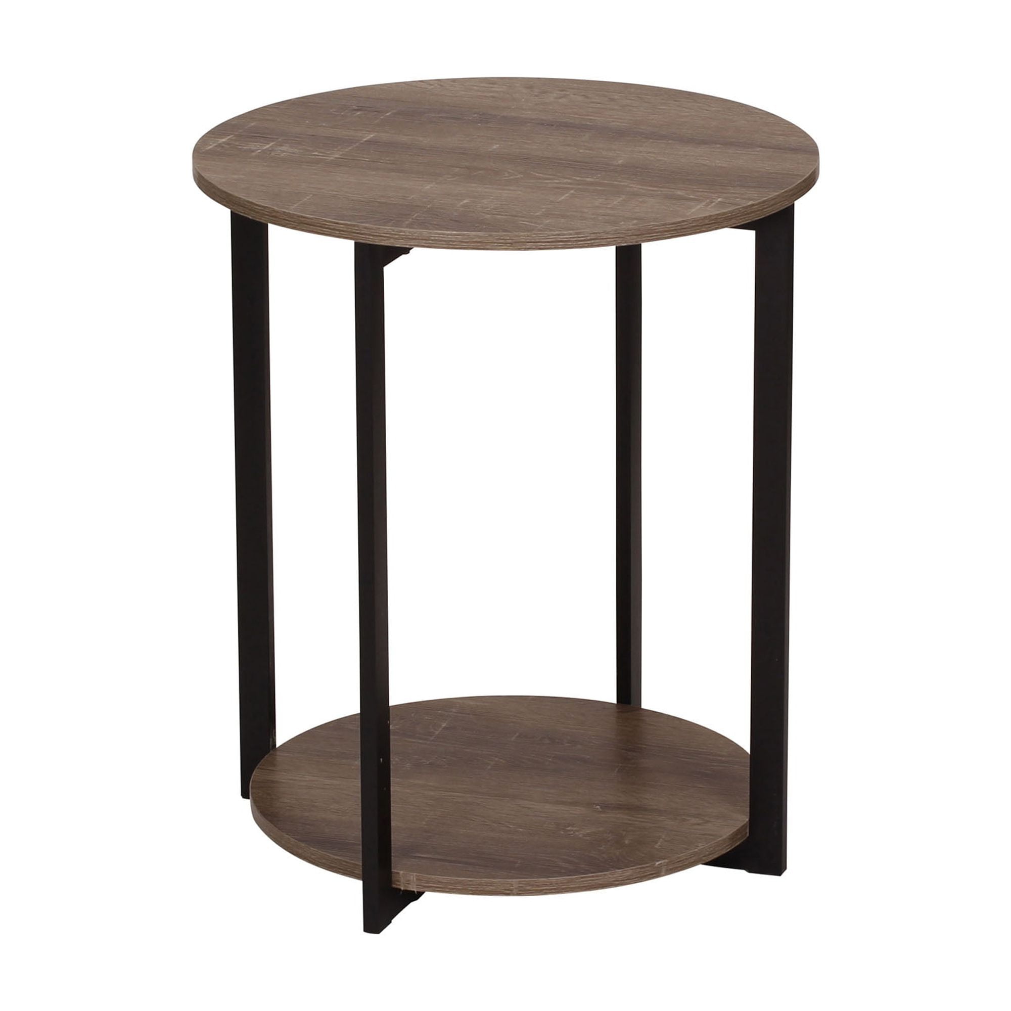 Household Essentials Jamestown Round Side End Table with Storage Shelf Ashwood Rustic Wood Grain and Black Metal