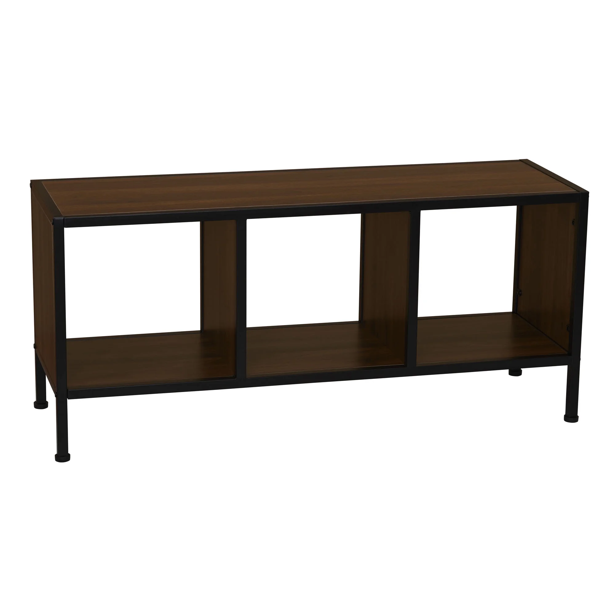 Household Essentials Jamestown TV Stand Coffee Table with Square Cube Storage Compartments Mid Century Walnut Wood Grain and Black Metal