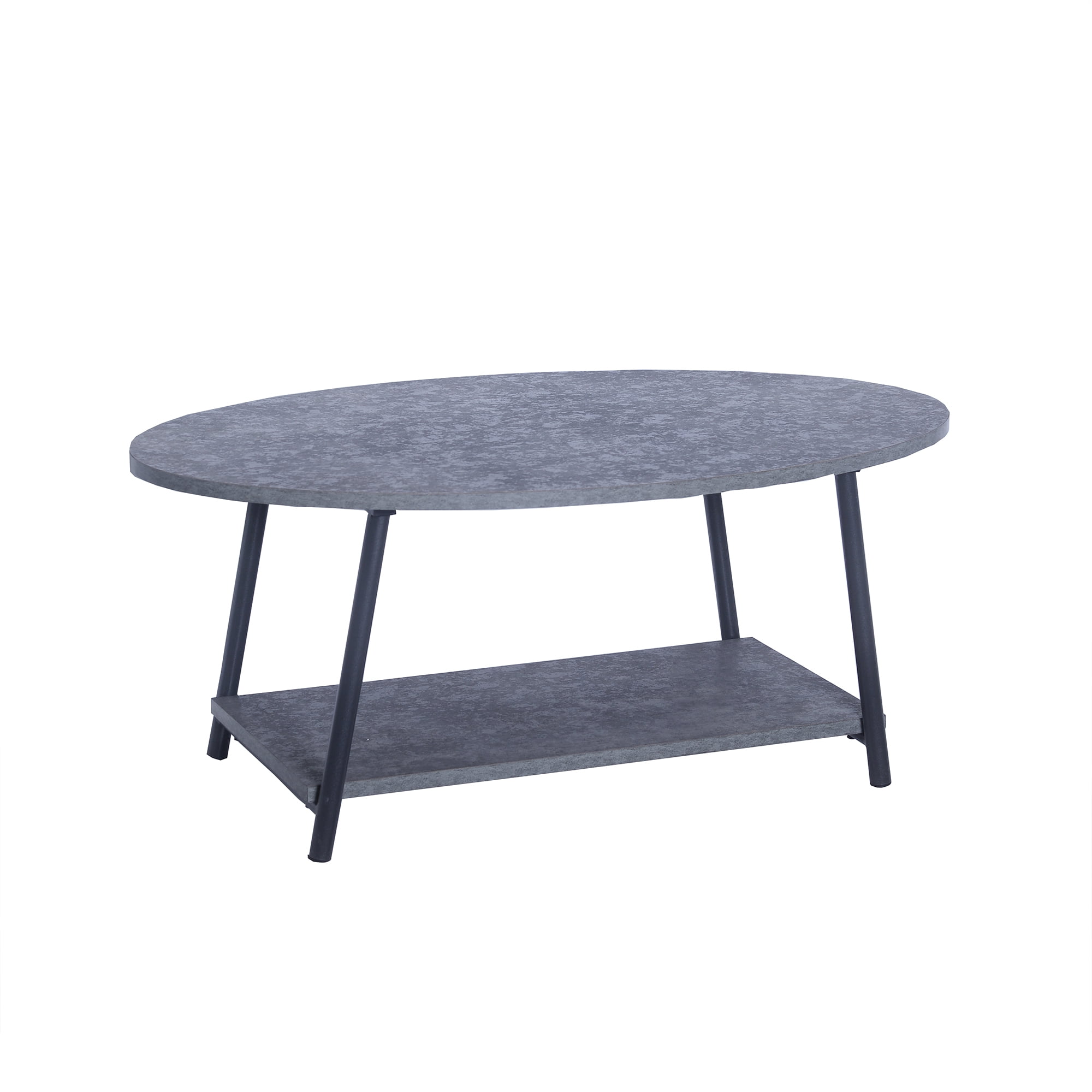 Household Essentials Oval Coffee Table, 2 Tier Coffee Table with Storage Shelf, Angled Steel Legs and Faux Slate Finish, Slate Concrete