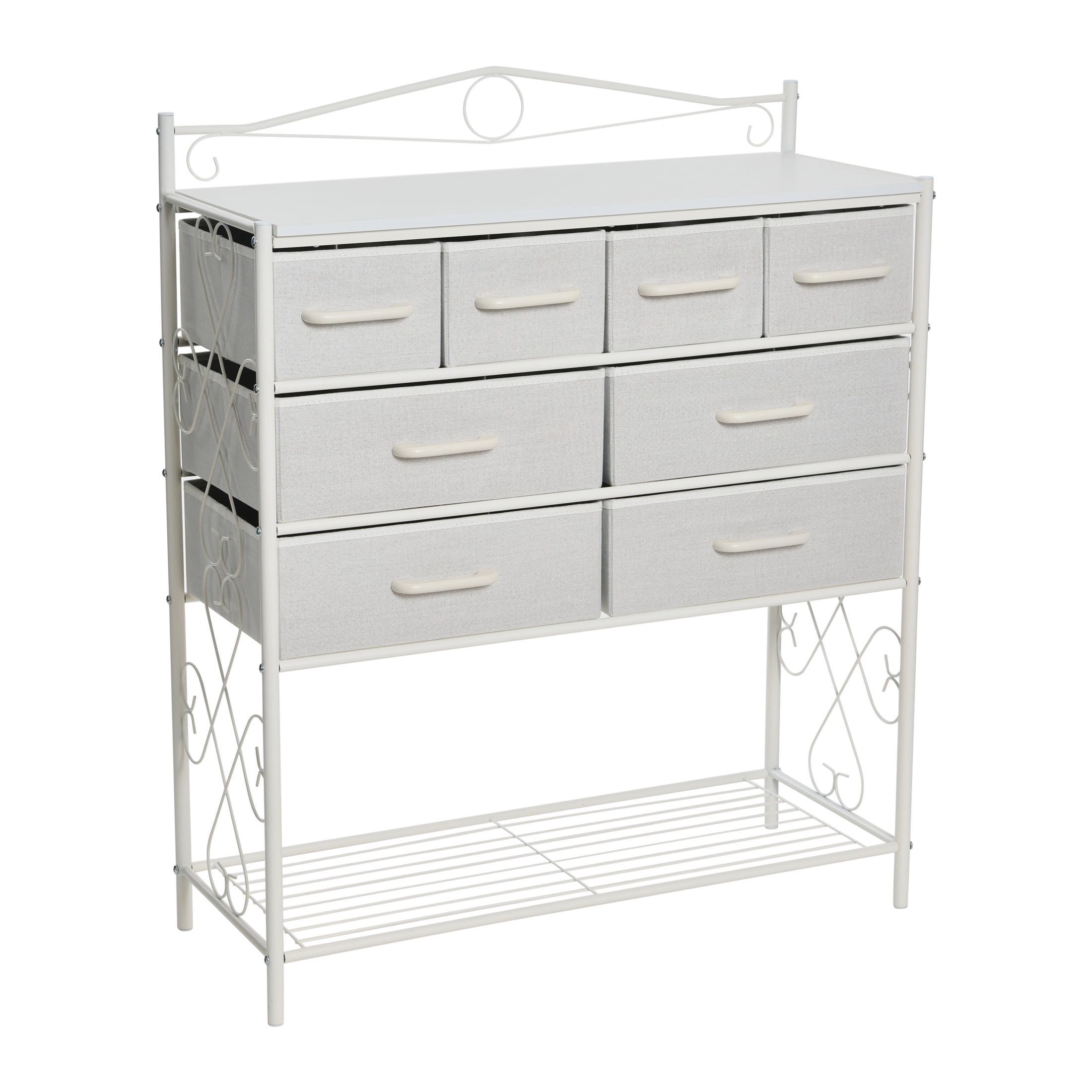 Household Essentials 40.5" Tall Storage Chest with Victorian Detailed Metal Frame and 8 Fabric Drawers in White