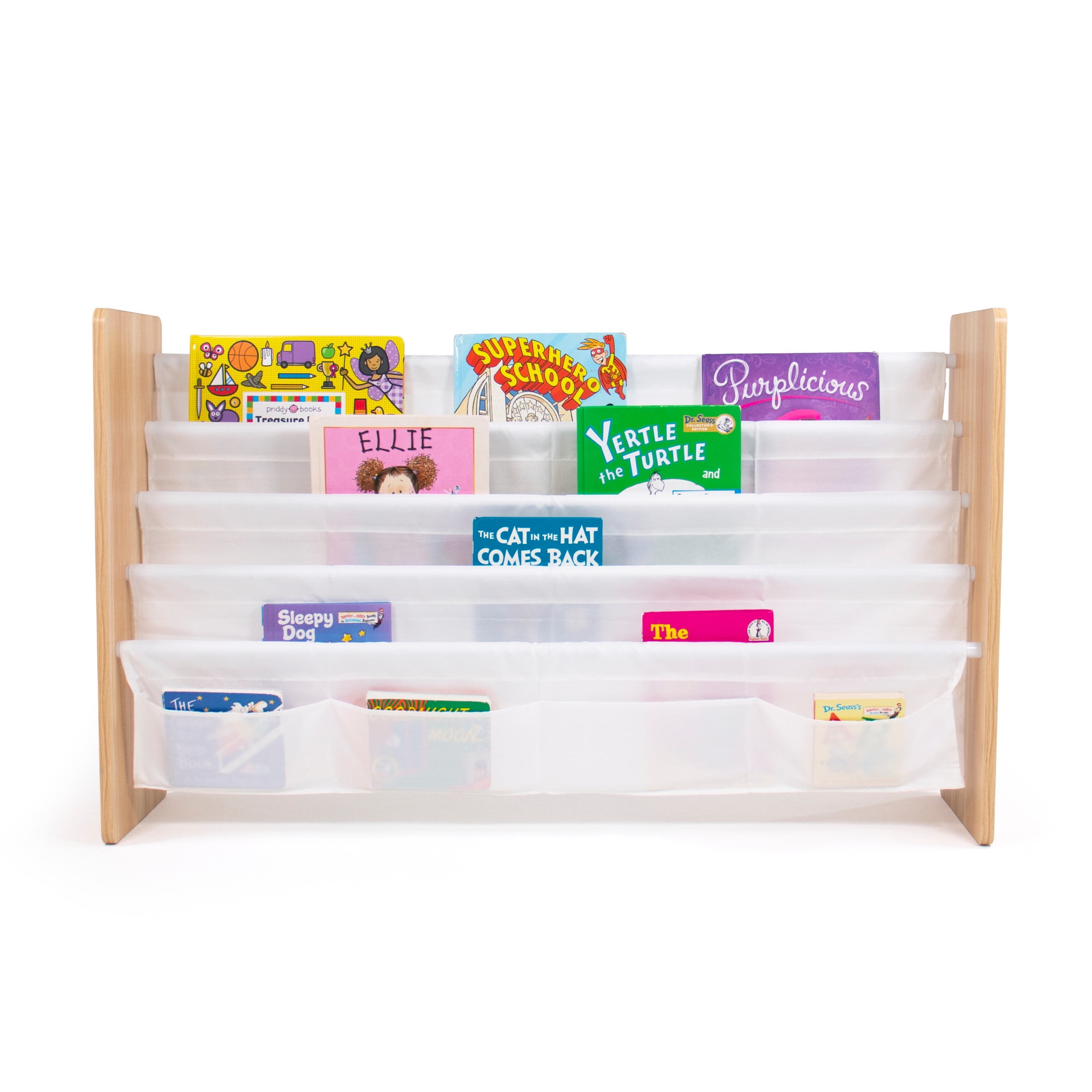 Humble Crew Journey Extra Large Kids 4 Tier Bookrack with 4 Front Pockets for Smaller Books, Natural/White