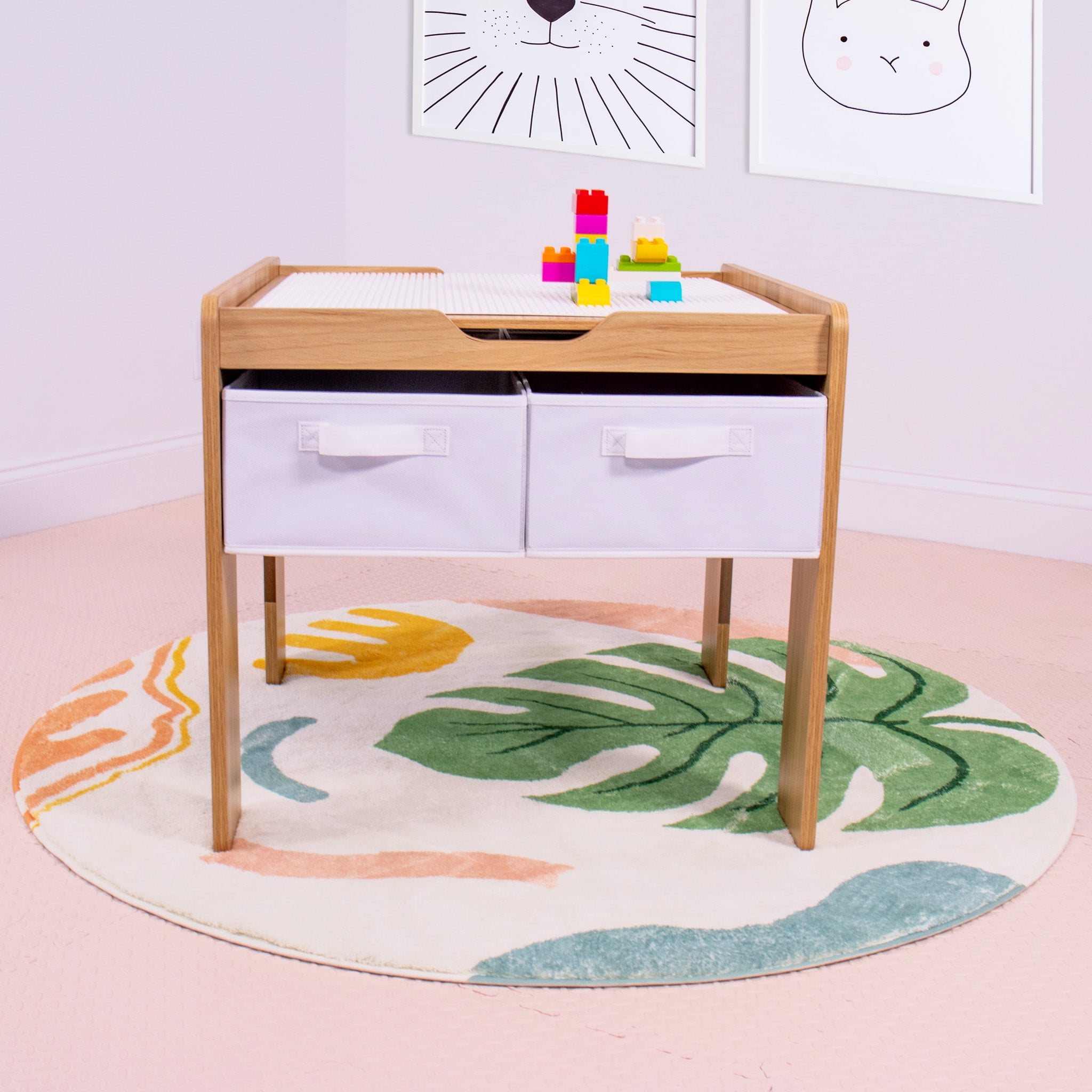 Humble Crew Kids Building Block-Compatible Table with 4 Bins, White/Natural Wood